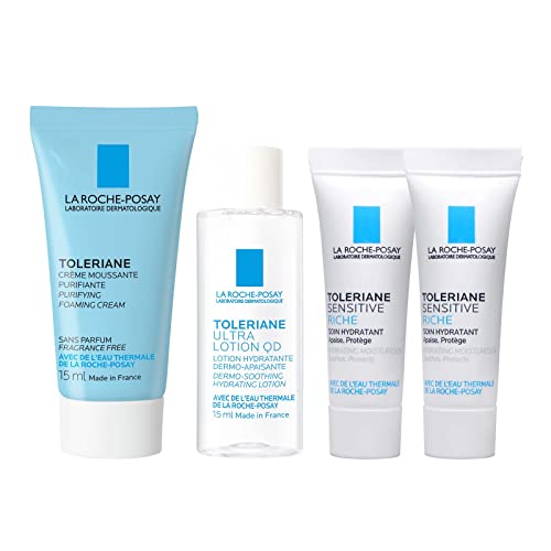 La Roche-Posay Sensitive Skin Care Set - Facial Cleanser, Medicated Lotion & Milky Lotion with Treeline Trial Kit | Gentle Daily Cleansing & Hydrating for Dry, Irritated Skin | Perfect for Travel & Sensitive Skin Routine
