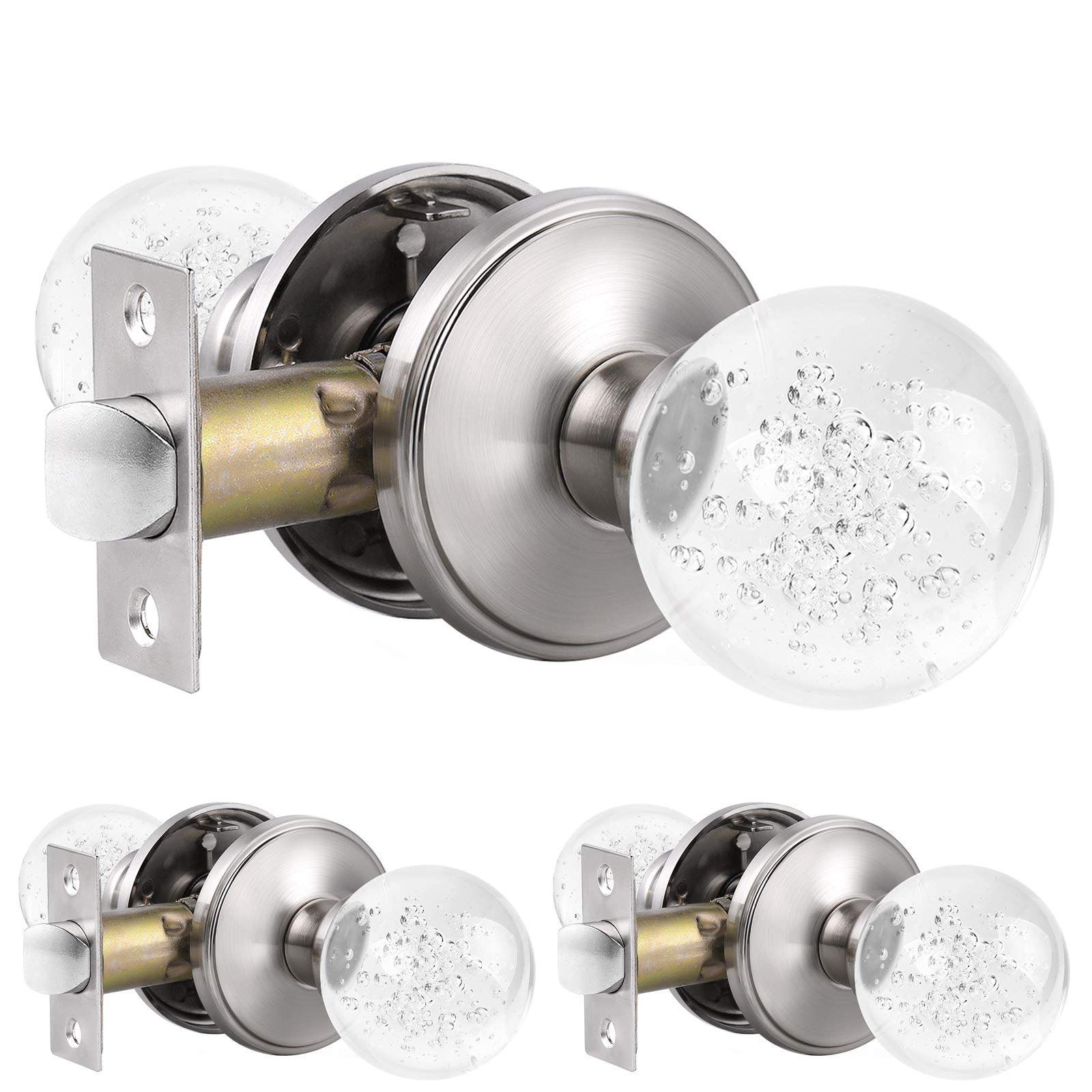 3 Pack Satin Nickel Keyless Glass Door Knobs with Crystal Bubbles - Round Interior Closet Door Handles for Bedroom, Bathroom & Nursery (Easy Installation)