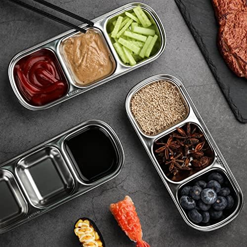 3-Piece Stainless Steel Divided Sauce Bowls - 3 Grid Dipping Dishes for Soy Sauce, Ketchup, Seasoning & Sushi | Perfect for Restaurants, Sushi Bars, Home Kitchens & Party Platters