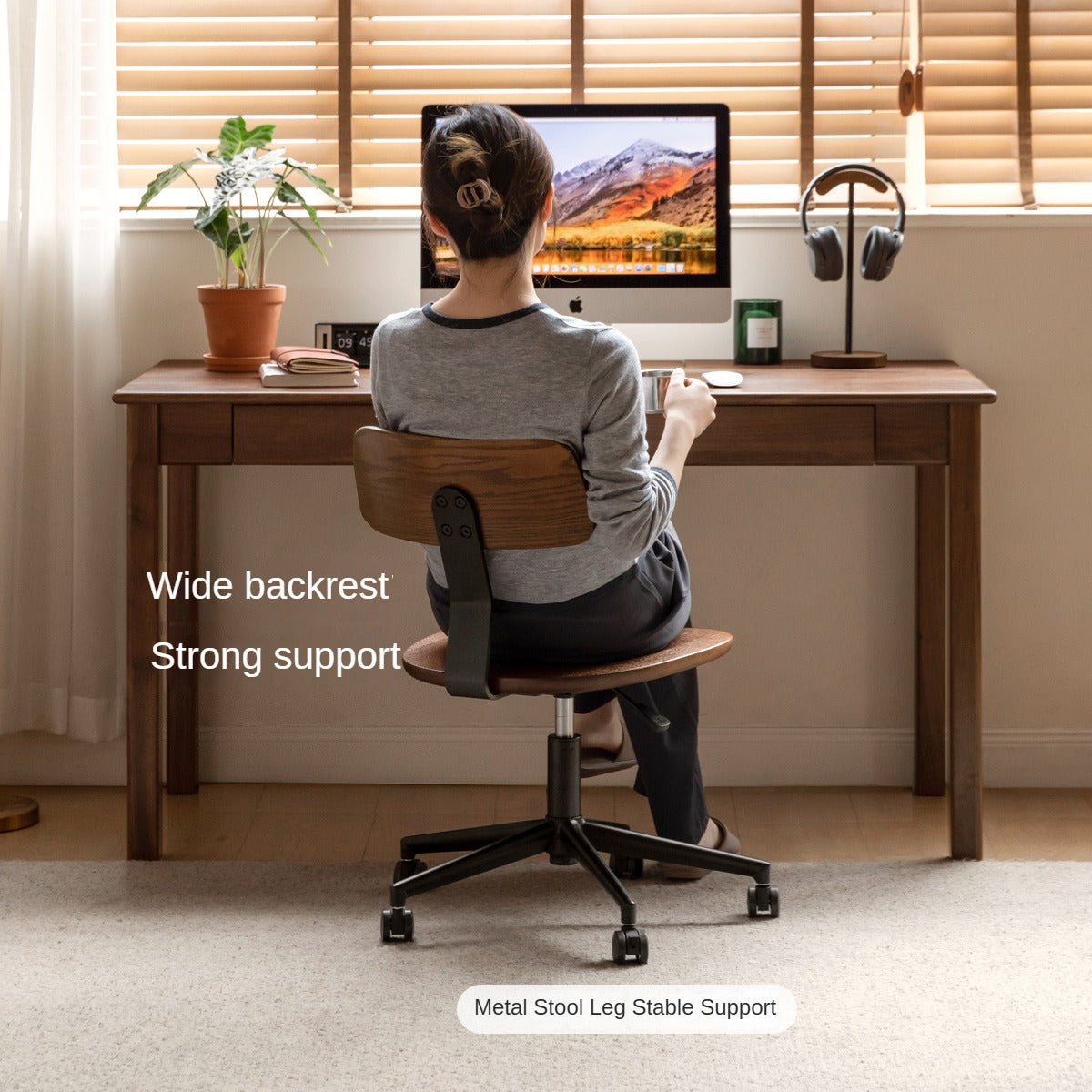 Modern Oak Solid Wood Lift & Swivel Office Chair - Ergonomic Rotatable Computer Desk Chair for Home & Office Workspace
