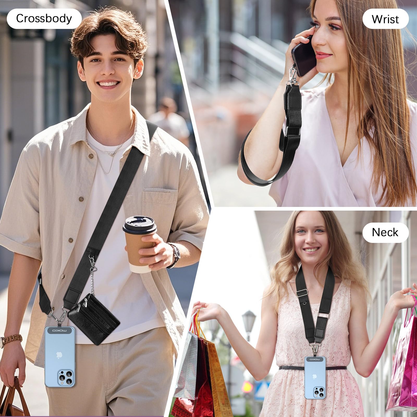 MoKo Adjustable Phone Lanyard with Wallet Pouch - for iPhone & Samsung (Black) - Perfect for Travel & Events