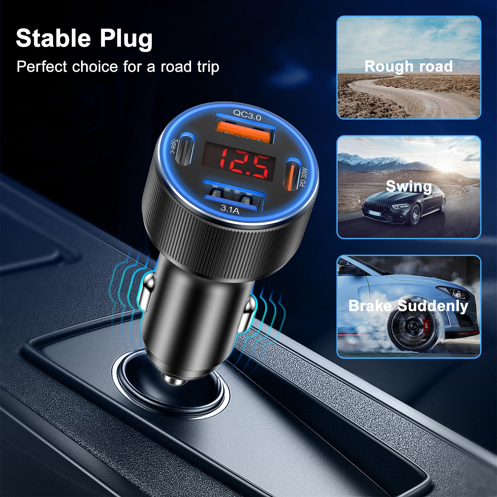 Besgoods 4-Port USB C Car Charger with Voltmeter - PD/QC 3.0 Fast Charging Adapter for iPhone 16/15/14/13/12, Galaxy S24/S23/A54/A15 & Android Devices - Perfect for Road Trips, Commuting & Dash Cams (2-Pack)