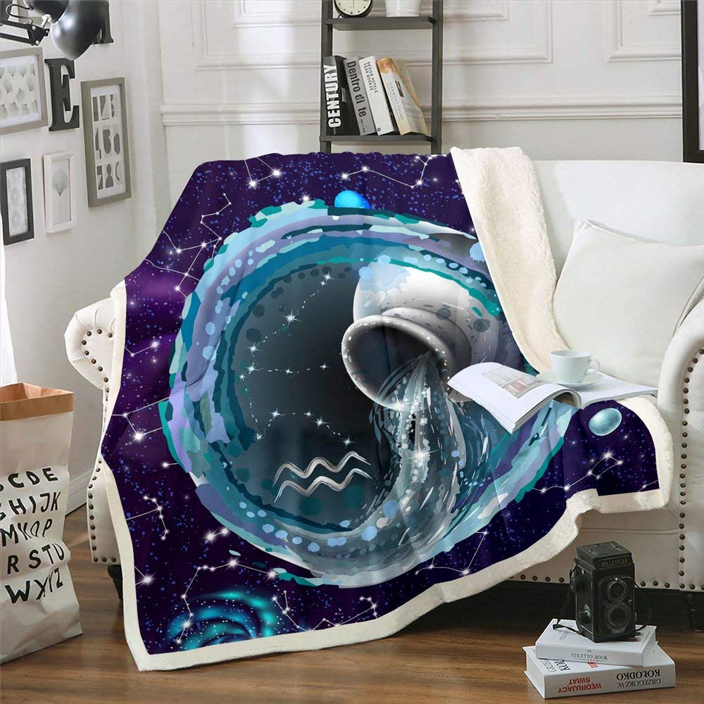 12 Constellations Sherpa Fleece Blanket Queen Size 90x90 Inches - Aquarius Galaxy Print Purple Tie Dye Space Themed Cozy Blanket for Kids Boys Girls | Perfect for Bedroom Decor, Starry Night Snuggling & Winter Warmth