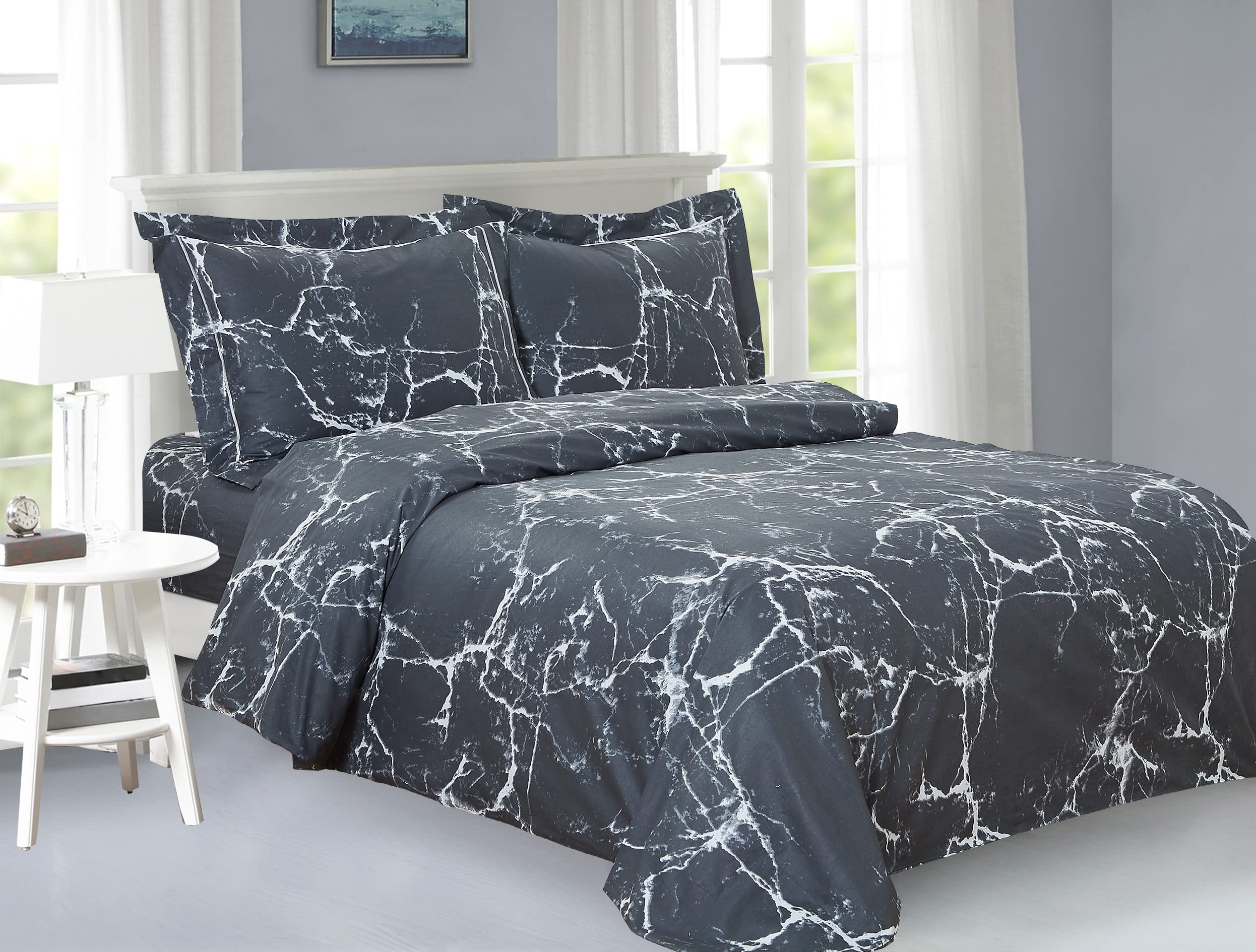 Luxury Ultra Soft 200 Thread Count Cotton Percale Duvet Cover Set - Full Size 6-Piece Bedding Set with Violet Linen French Marble Pattern in Black | Perfect for Master Bedroom, Guest Room & Hotel Style Decor