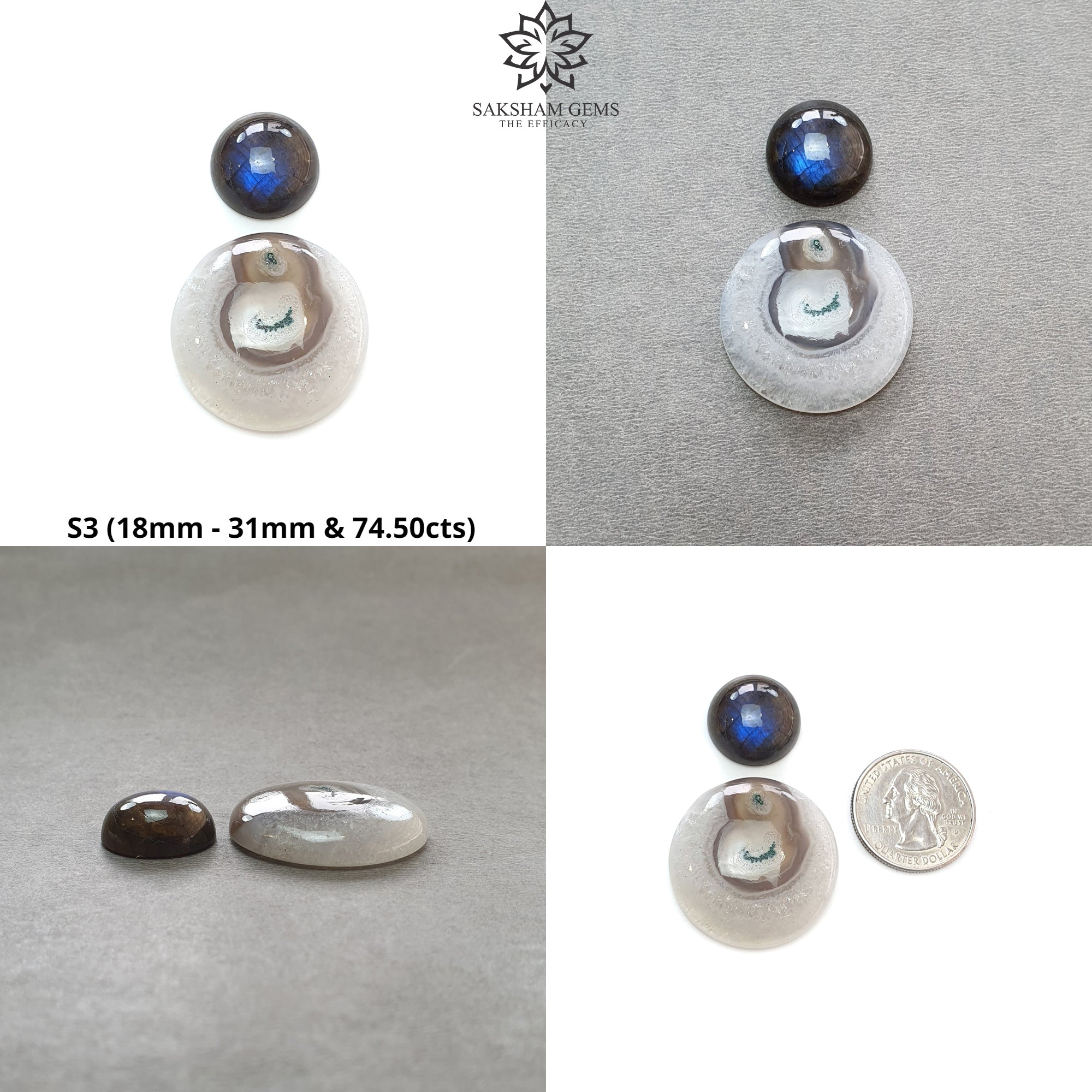 Natural Untreated Botswana & Moss Agate Labradorite Gemstone Cabochon - Bi-Color Cushion Round Shape 2pc Set for Jewelry Making, Wire Wrapping & Healing Crystals