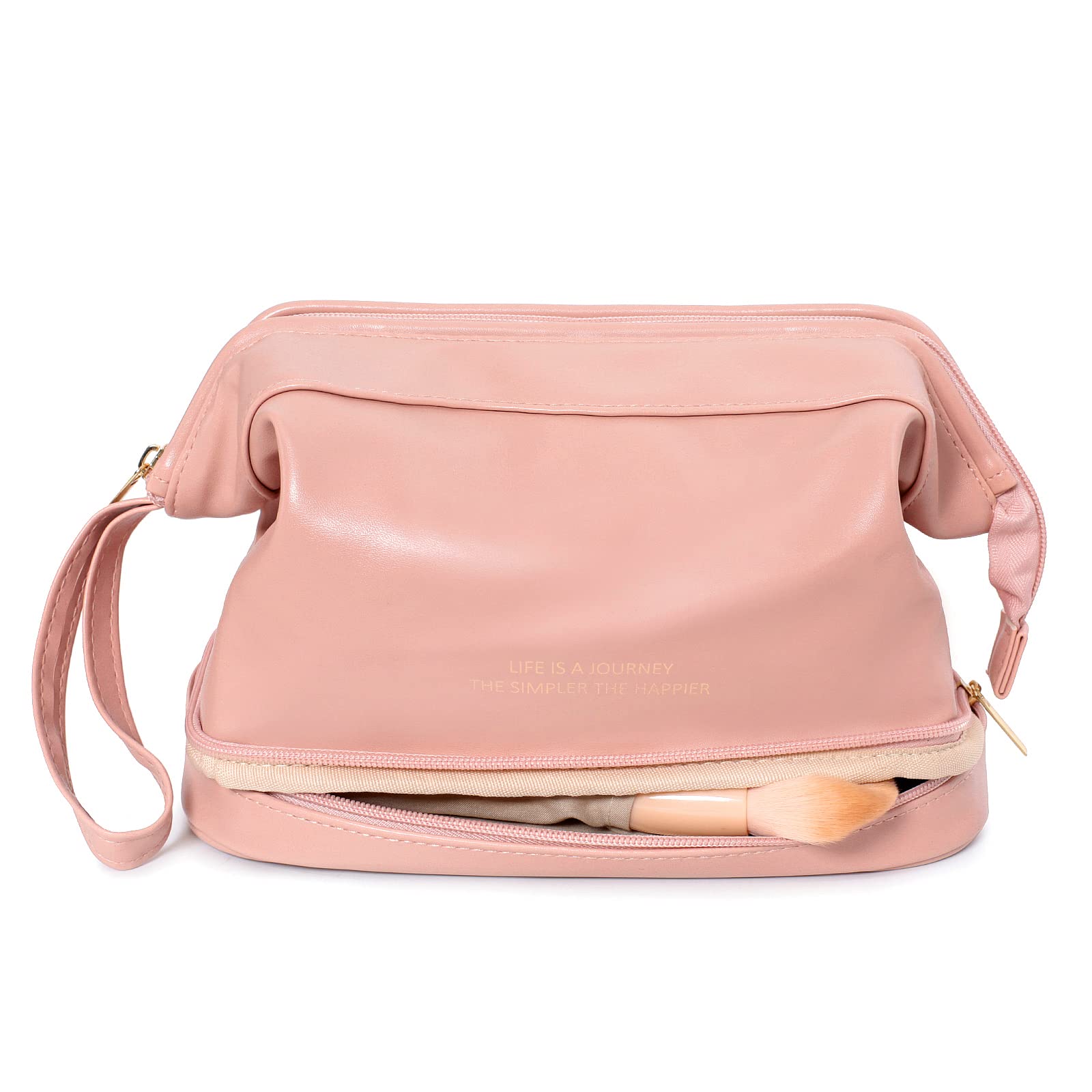 Large Double Layer PU Leather Makeup Bag - Travel Cosmetic Organizer & Toiletry Bag for Women | Perfect for Vacation, Gym & Daily Use (Pink)