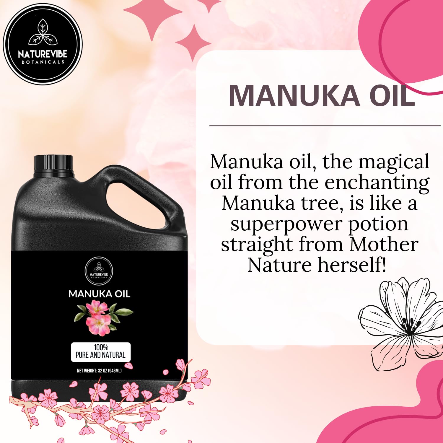 Naturevibe Botanicals Manuka Oil 32oz & Argan Oil 32oz Combo Set - Pure Essential Oils for Skin, Hair & Aromatherapy | Perfect for Massage, DIY Beauty & Relaxation