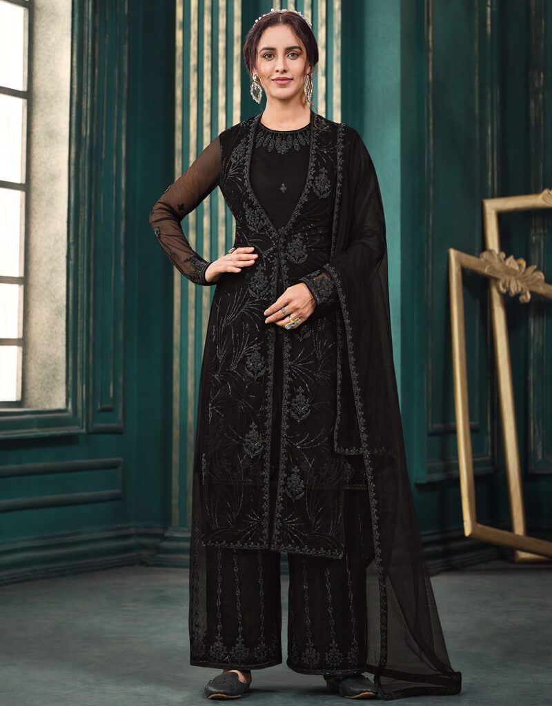 Elegant Black Anarkali Style Suits with Butterfly Net Embroidery - Perfect for Weddings, Parties & Festive Occasions