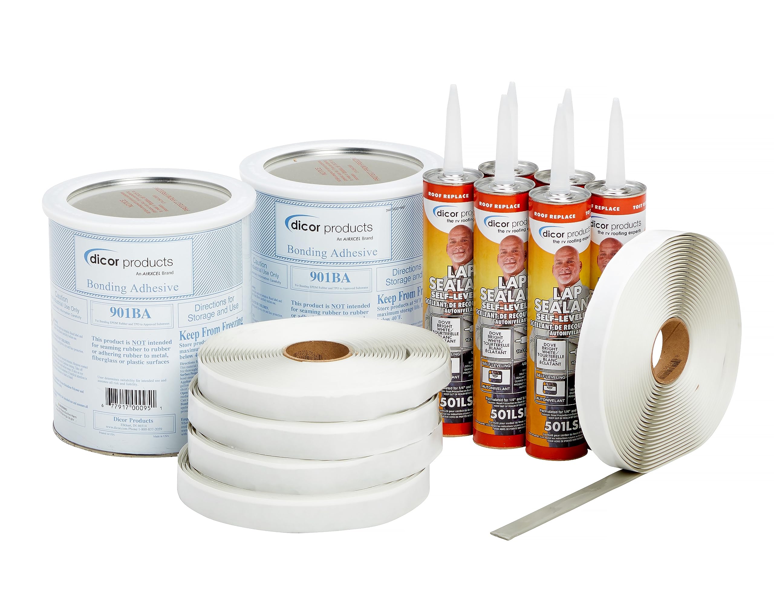 Dicor 401-CK-D RV Rubber Roof Repair Kit with Bonding Adhesive & Butyl Tape - Includes Lap Sealant for RV, Trailer, Motorhome Roof Maintenance (Bright White) - Perfect for Leak Prevention & Weatherproofing Roof Seams