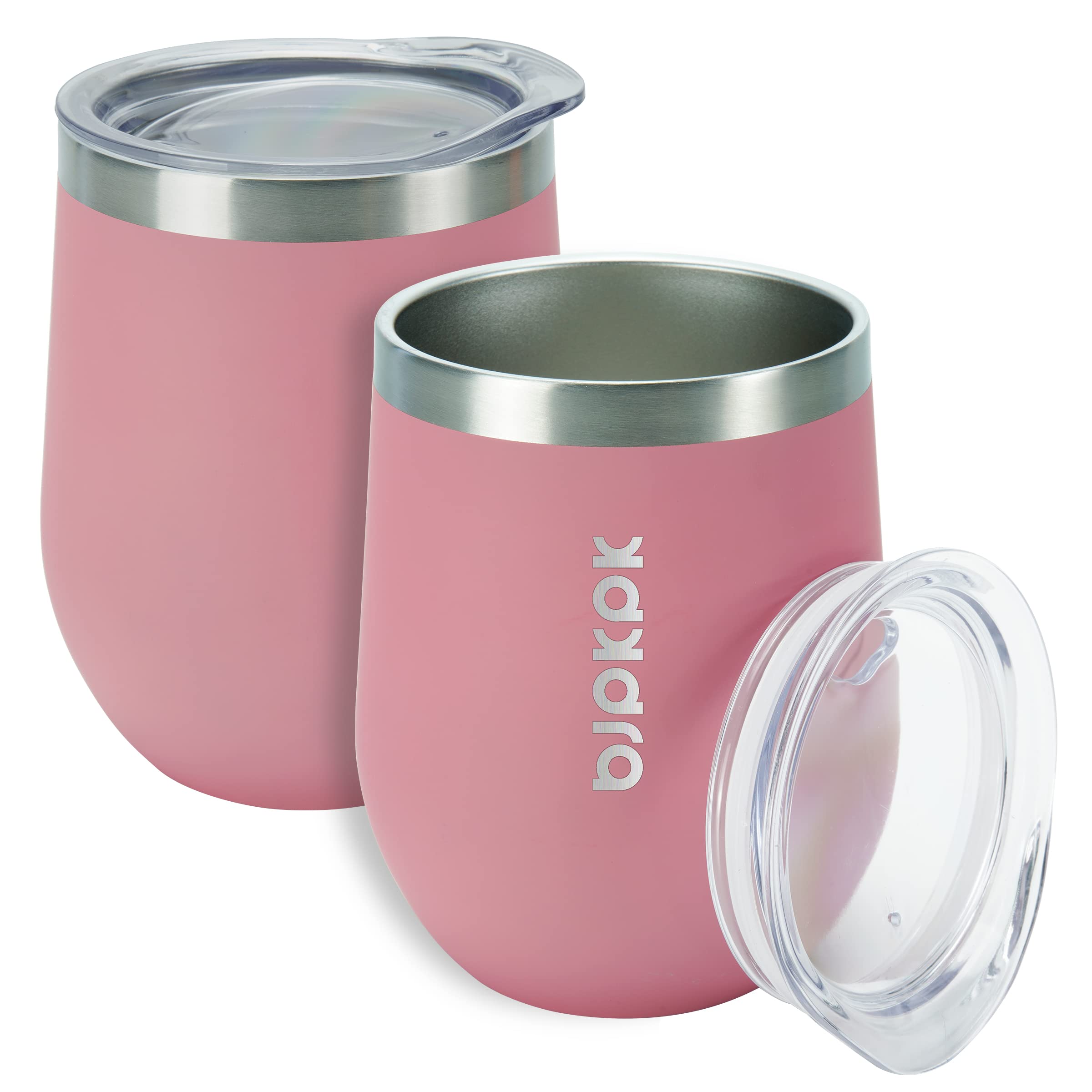 2-Pack 12oz Insulated Stainless Steel Wine Tumblers with Lids - Double Wall Vacuum Coffee Mugs, Unbreakable Wine Glasses for Hot & Cold Drinks - Perfect for Home, Office, Camping & Picnics (Light Pink)