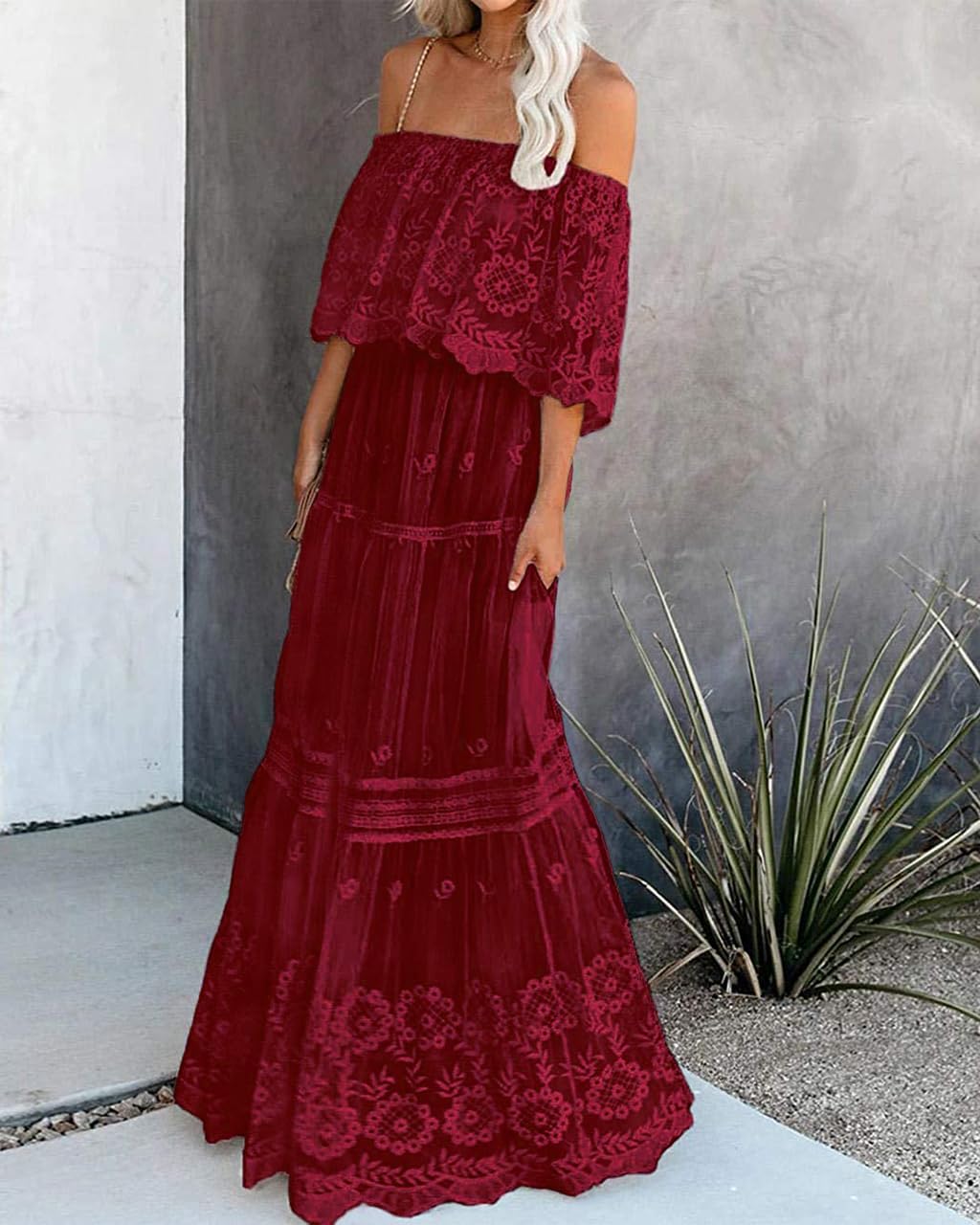 MERMAID'S CLOSET Women's Boho Off Shoulder Lace Maxi Dress - White Flowy Wedding Guest, Bridesmaid, Evening Party & Summer Beach Dress for Women