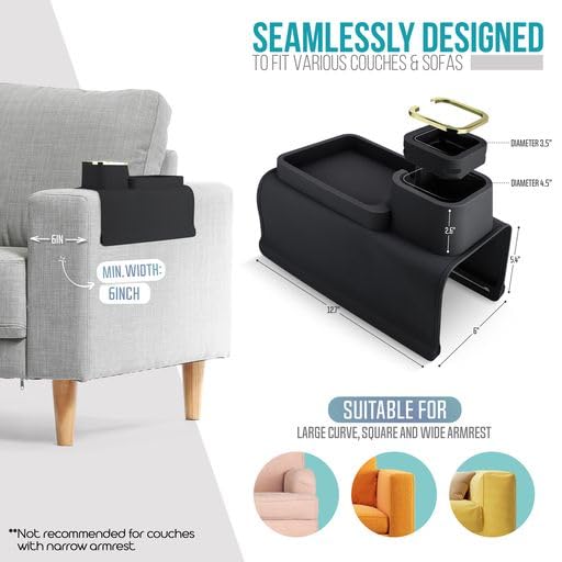 **Black Silicone Couch Cup Holder Tray with Remote Storage - Armrest Coffee Mug Holder for Sofa, Recliner & Couch - Perfect for Watching TV, Gaming & Relaxing**