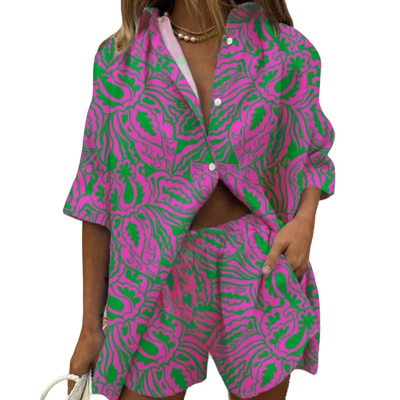 Women's Floral Print Two-Piece Shorts Outfit Set - Summer Lounge Half Sleeve Sweatsuit with Button-Down Shirt | Casual Wear, Beach Cover-Up, Vacation Outfit, Street Style Fashion