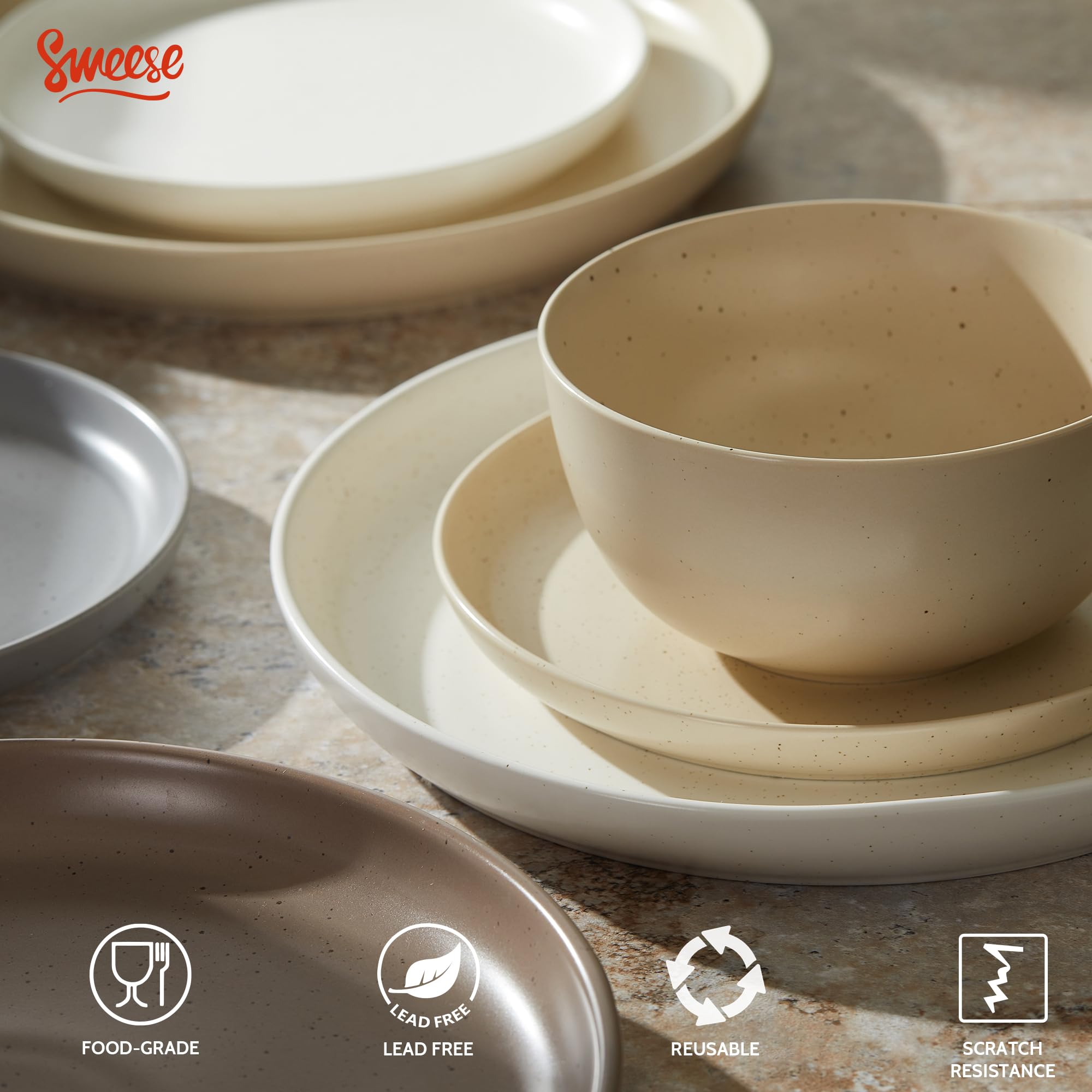 Sweese 12-Piece Porcelain Dinnerware Set - Round Plates & Bowls for 4, Chip & Scratch Resistant, Dishwasher & Microwave Safe - Perfect for Family Dinners, Parties & Everyday Use (Multi-Color)