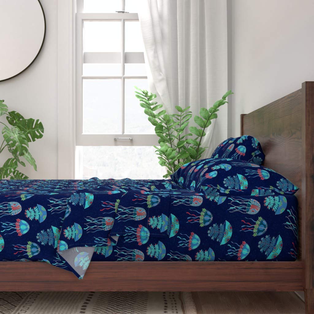 Premium 100% Cotton Queen Size 4-Piece Sheet Set | Jellyfish Ocean Animal Tropical Fish Nautical Beach Print Bedding | Soft Breathable Bed Sheets for Coastal Decor & Beach House Theme