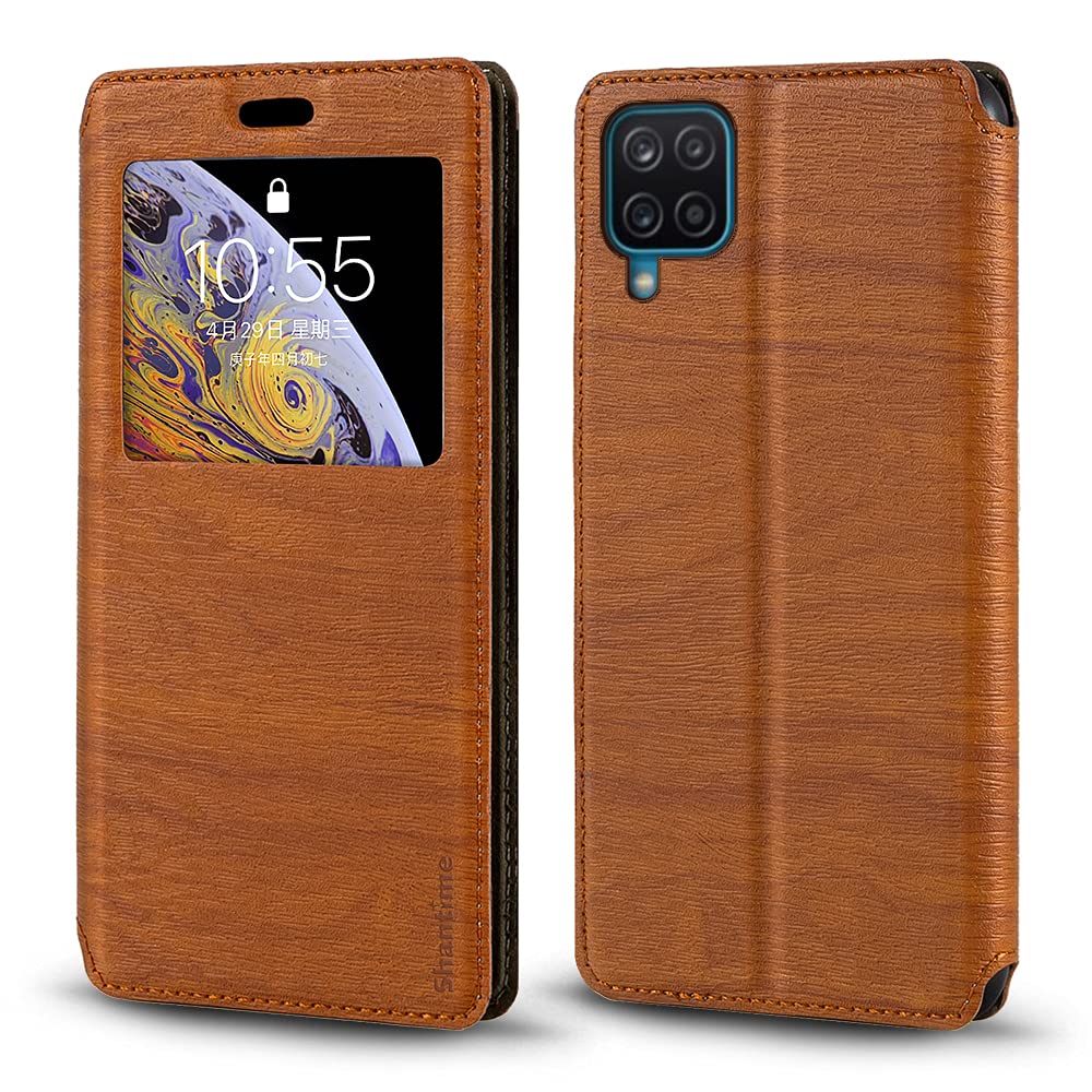 Premium Wood Grain Leather Magnetic Flip Cover for Samsung Galaxy M32 - Card Holder & Viewing Window - Brown - Perfect for Business Professionals & Daily Commuters