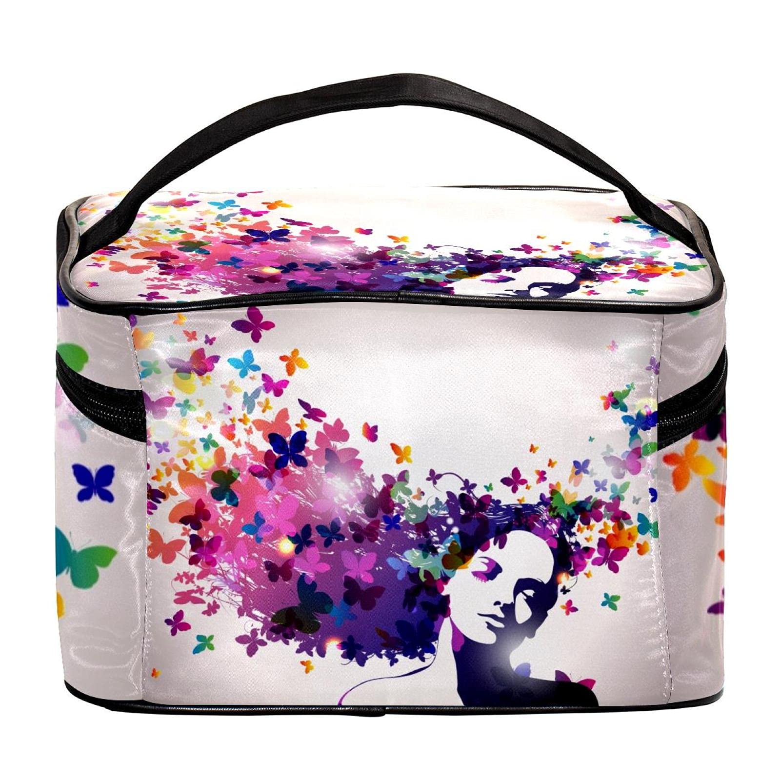 Artistic Floral Hair & Butterflies Travel Makeup Bag - Large Cosmetic Organizer with Zipper for Women & Girls | Perfect for Vacation, Gym & Daily Essentials Storage
