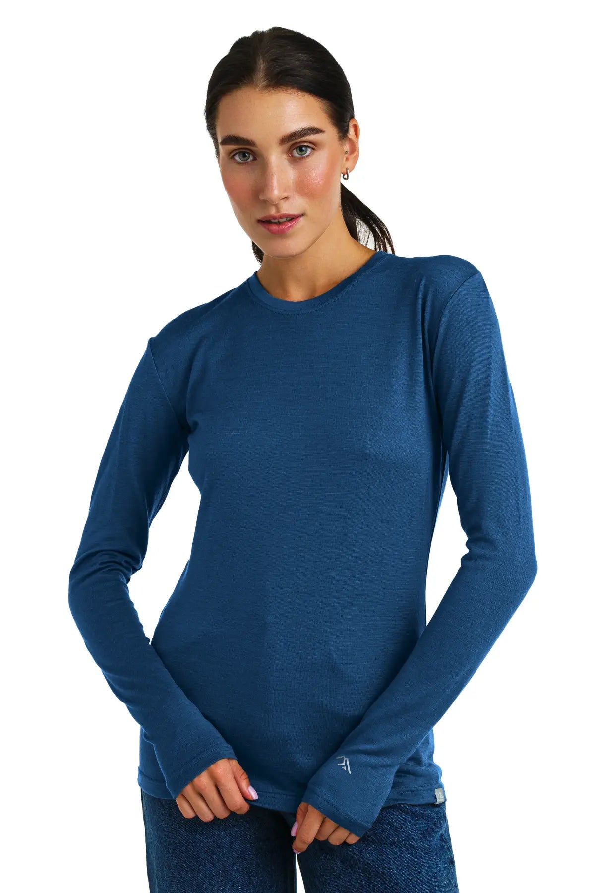 Women's Merino Wool Long Sleeve Shirt - 165 Denim Blue - Soft & Warm Base Layer for Hiking, Travel & Winter Outfits