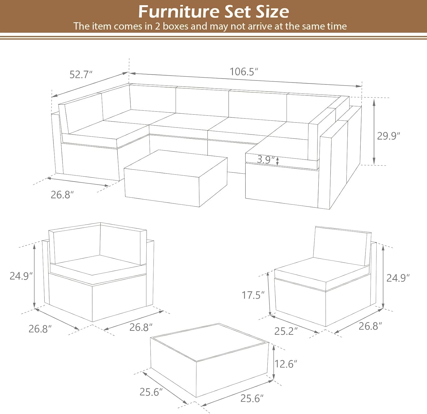 U-MAX 7-Piece PE Rattan Patio Furniture Set with Cushions & Coffee Table - Brown Wicker Sectional Sofa & Dark Grey Cushions for Outdoor Garden, Backyard, Poolside & Balcony Decor