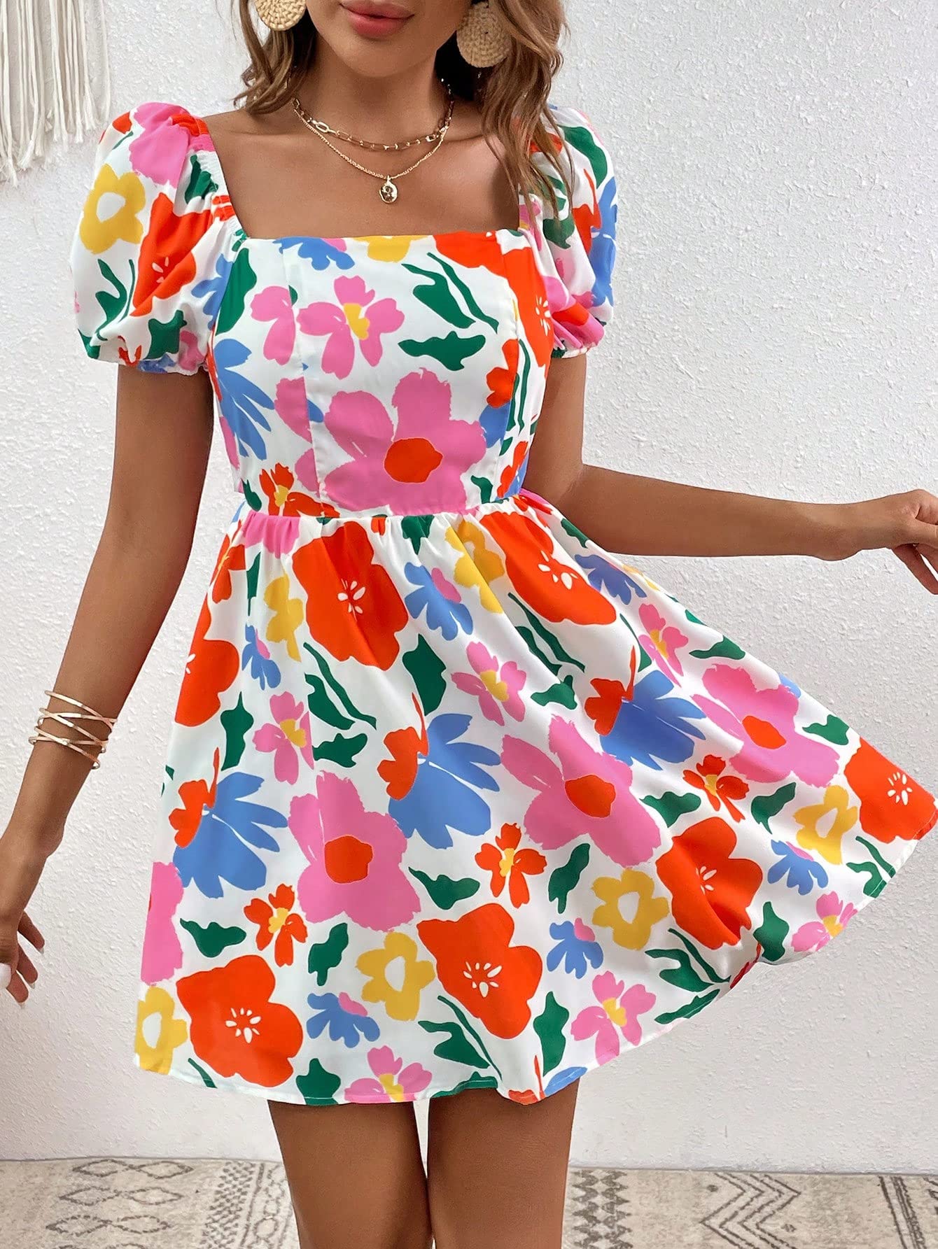 Verdusa Women's Boho Floral Print Short Sleeve Square Neck Puff Sleeve Mini Dress - Perfect for Summer Outfits, Beach Vacations & Casual Date Nights
