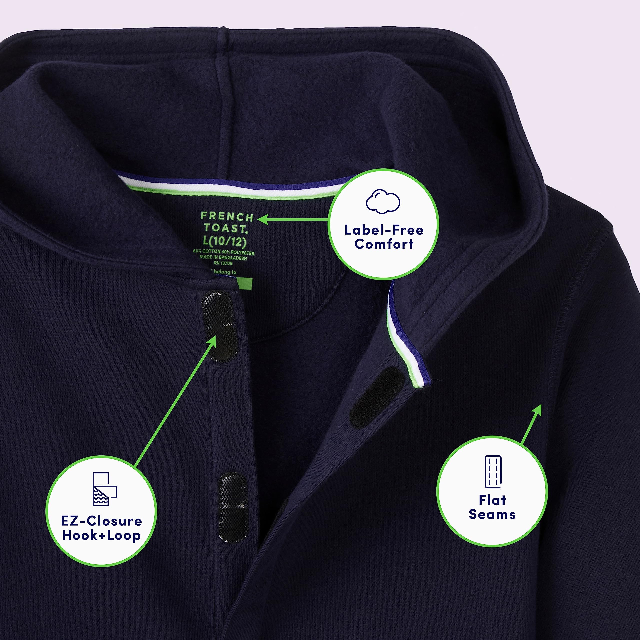 French Toast Kids' Adaptive Long Sleeve Fleece Hoodie - Sensory Friendly with Flat Seams & Hidden Hook Loop Closure - Comfortable for School, Therapy & Outdoor Play