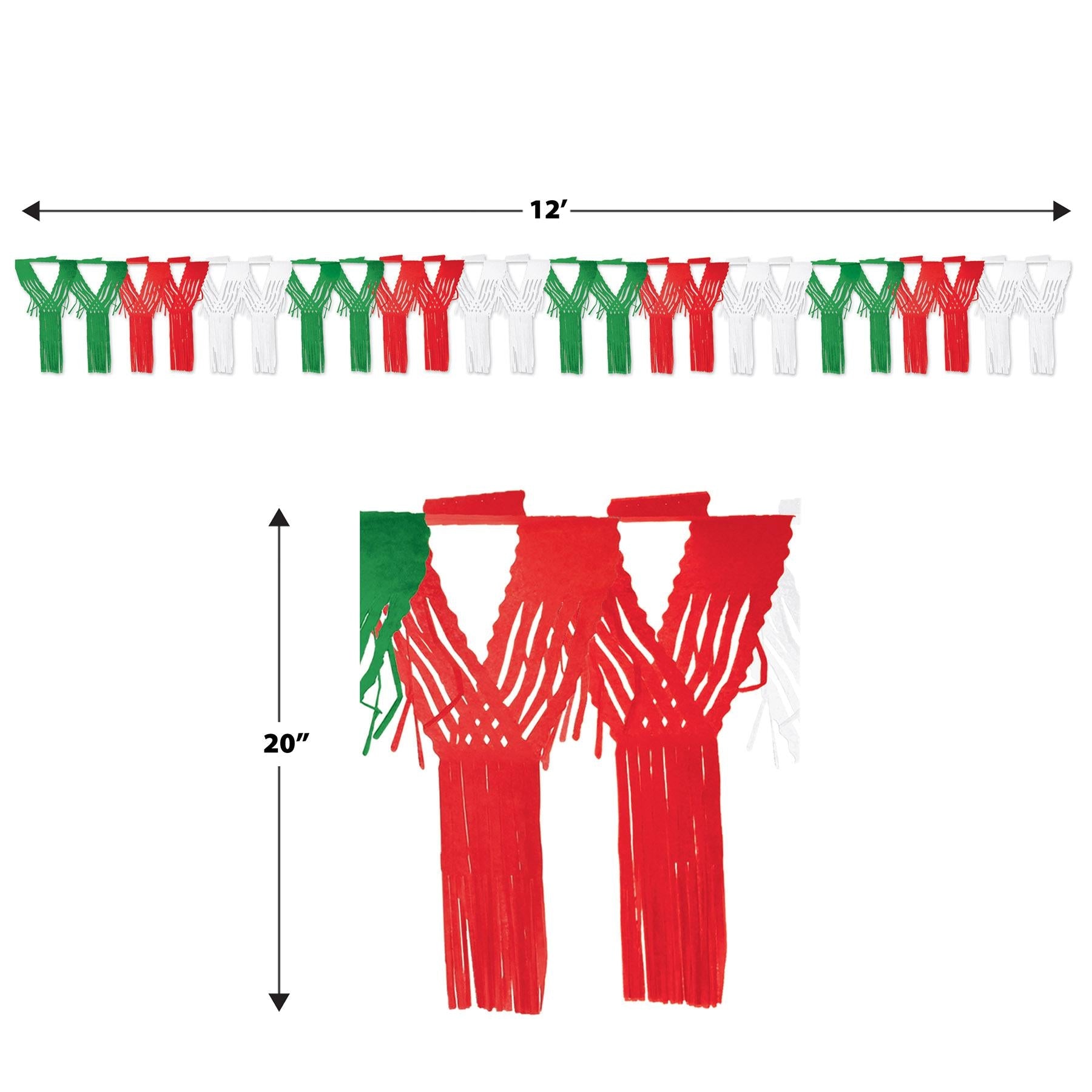12 Pack Beistle Fiesta Drop Fringe Garland - Red, White & Green Party Decorations for Cinco de Mayo, Birthday & Mexican Themed Parties