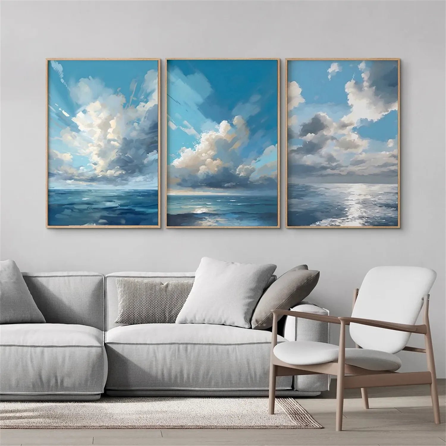 Ocean and Sky Wall Art Set of 3 - Coastal Beach Decor Paintings for Living Room, Bedroom & Office - Modern Seascape Canvas Prints (OS 214)