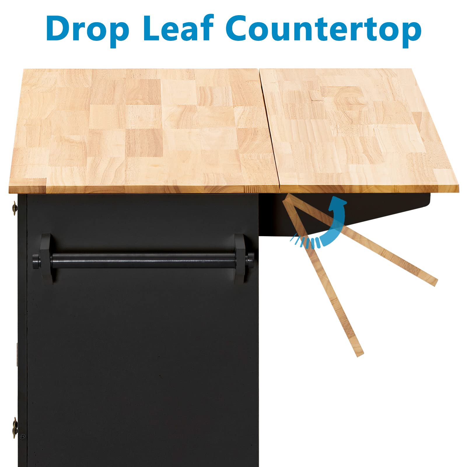 Rolling Kitchen Island with Drop Leaf - Mobile Kitchen Cart on Wheels with Storage Cabinet, Rubber Wood Top, Rack & Drawer - Matte Black for Small Spaces, Apartments & Home Cooking