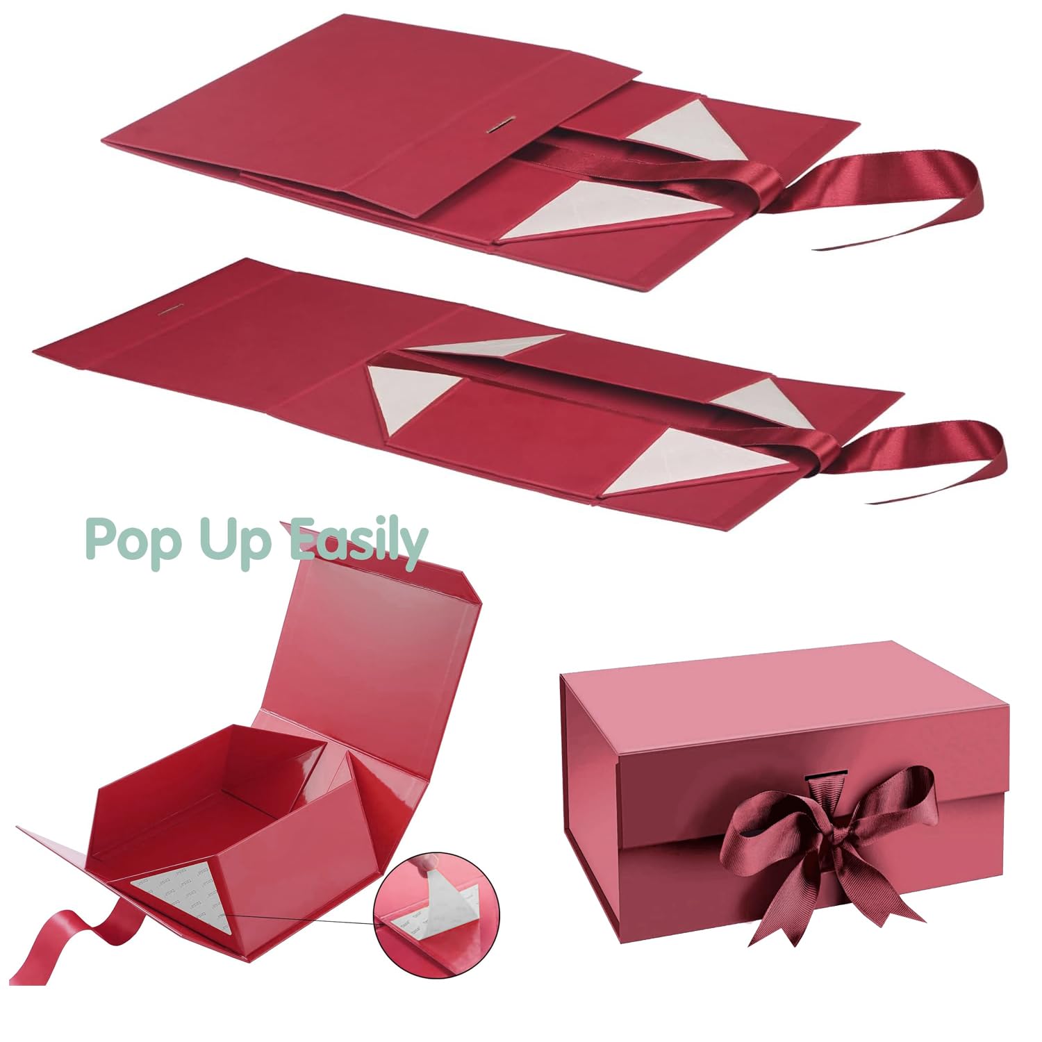 Foldable Maroon Gift Box with Satin Ribbon - Reusable Empty Hamper Box Holds 5kg (24x17x10cm) for Rakhi, Wedding, Birthday & Holiday Gifts - Premium Matte Finish Gift Packaging Solution