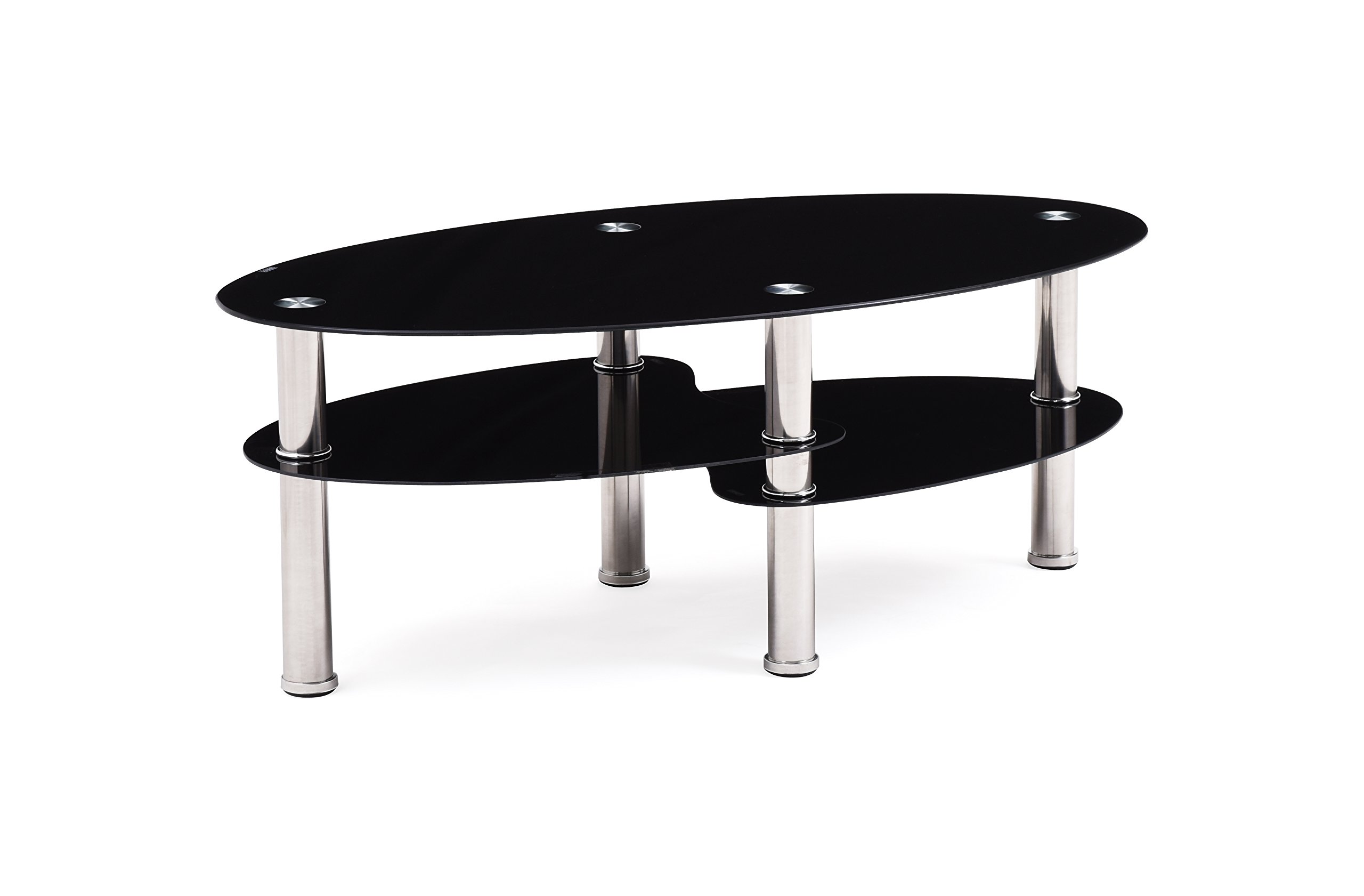 Hodedah 3-Tier Oval Tempered Glass Coffee Table - Modern Black End Table for Living Room, Bedroom & Office Decor