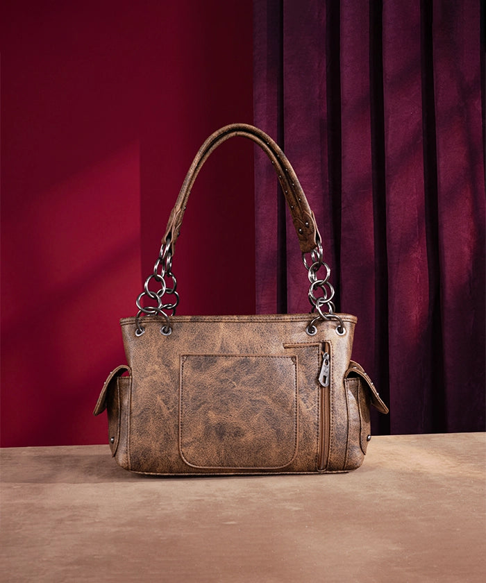 Montana West Whipstitch Studs Concealed Carry Satchel Purse - Stylish Women's Leather Crossbody Bag for Everyday Use, Travel & Work