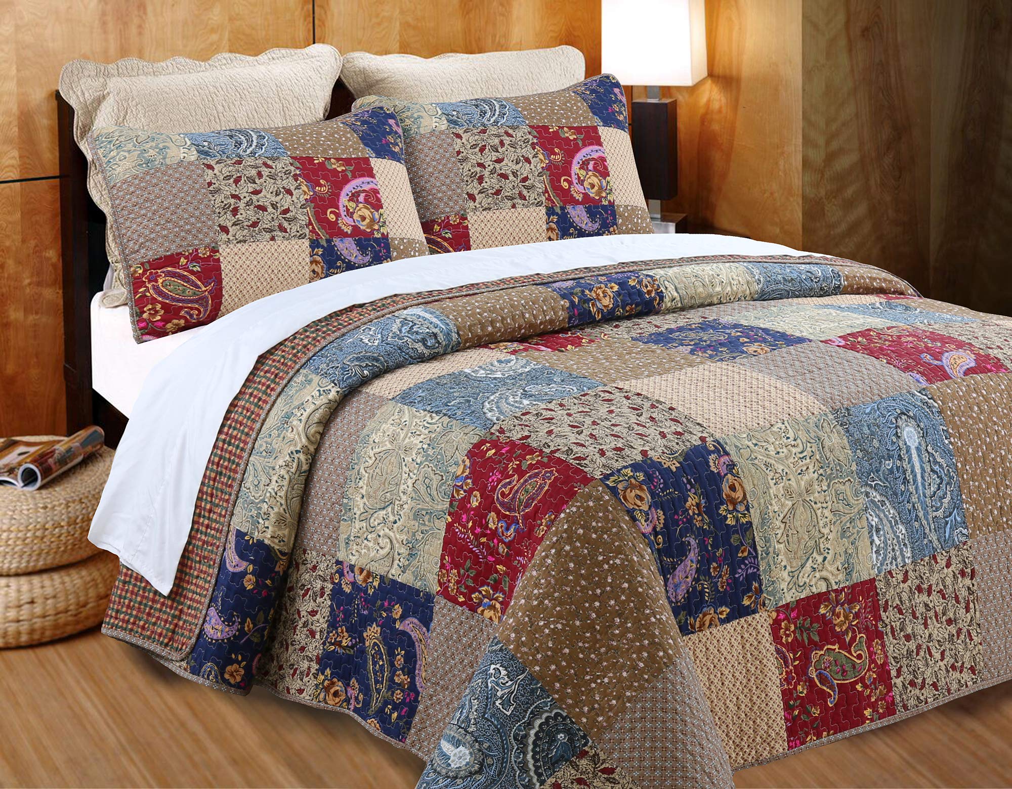 100% Cotton Reversible Quilt Bedding Set - Cozy Line Home Fashions Sanders Brown Floral Patchwork Coverlet & Bedspread (Red Navy, King Size 3-Piece) for Master Bedroom, Guest Room & Cozy Farmhouse Decor