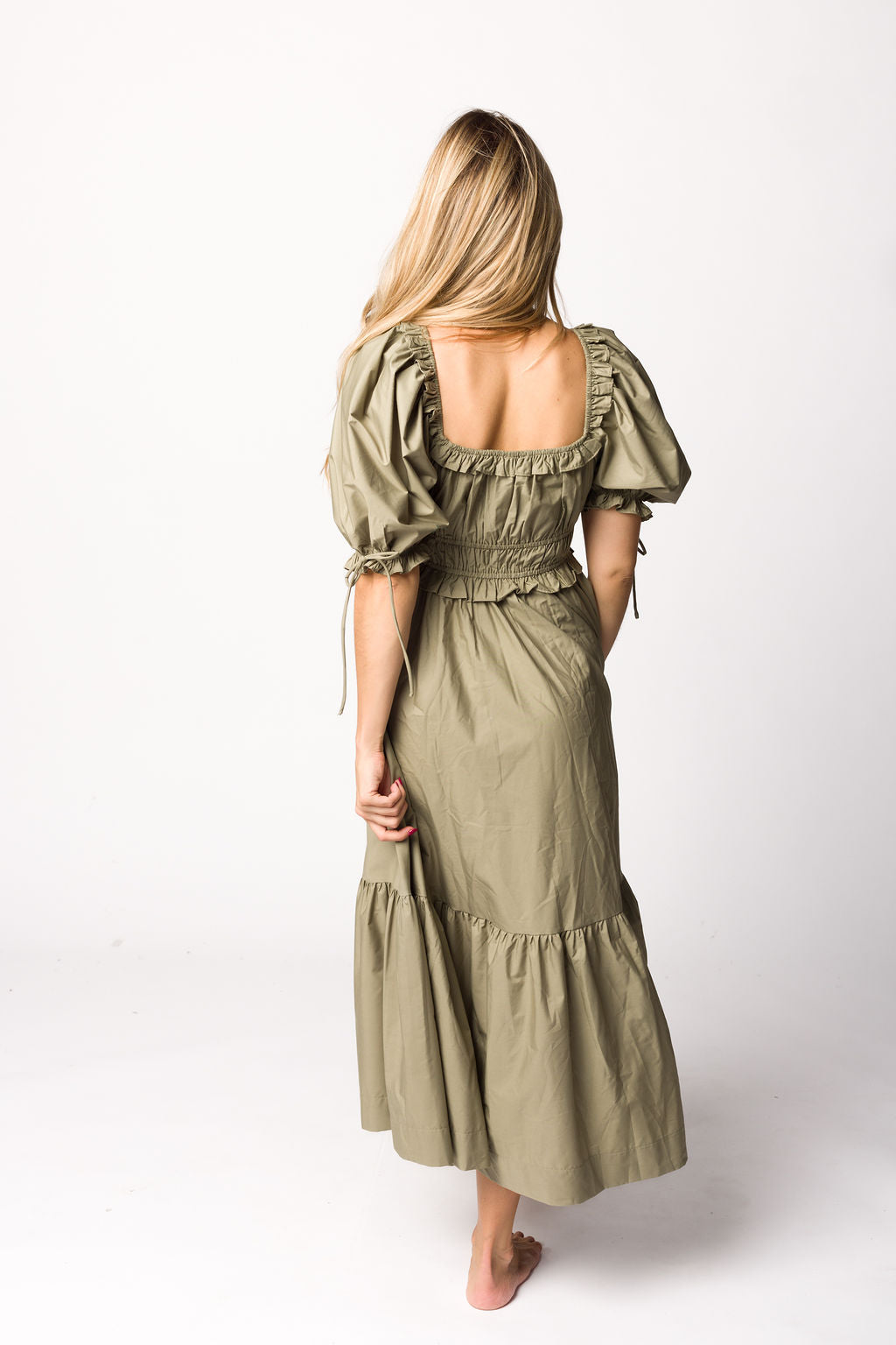 Crissy Ruched Midi Dress in Dusty Olive - Bump Friendly Maternity Dress for Women, Stretchy Bodycon Dress for Pregnancy & Nursing - Perfect for Baby Showers, Date Nights & Special Occasions