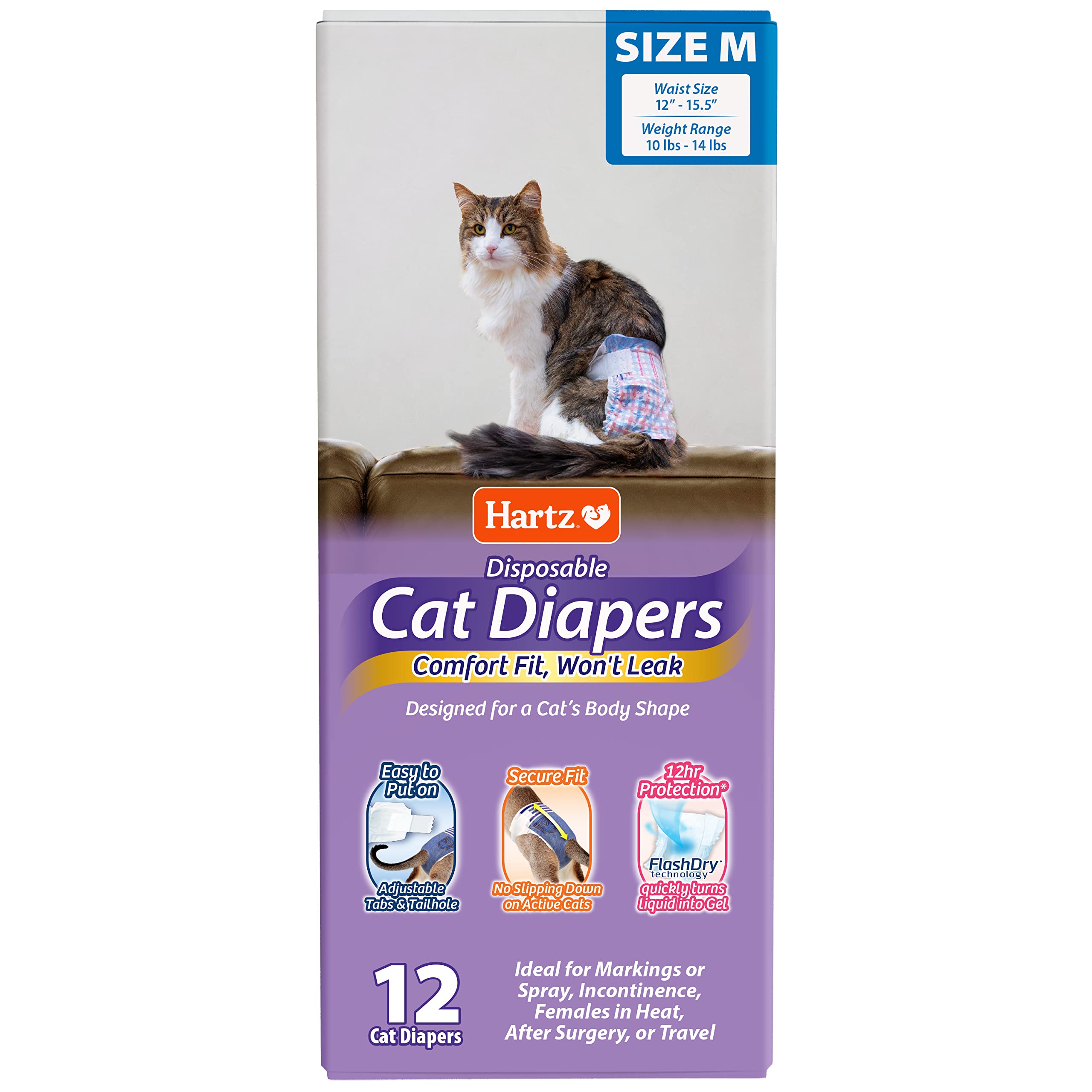 Hartz Comfitables Cat Diapers for Incontinence - Size Medium (12 Count) | Soft, Breathable & Secure Fit | Easy to Use for Senior Cats, Post-Surgery Recovery & Travel | Pet Health Essentials