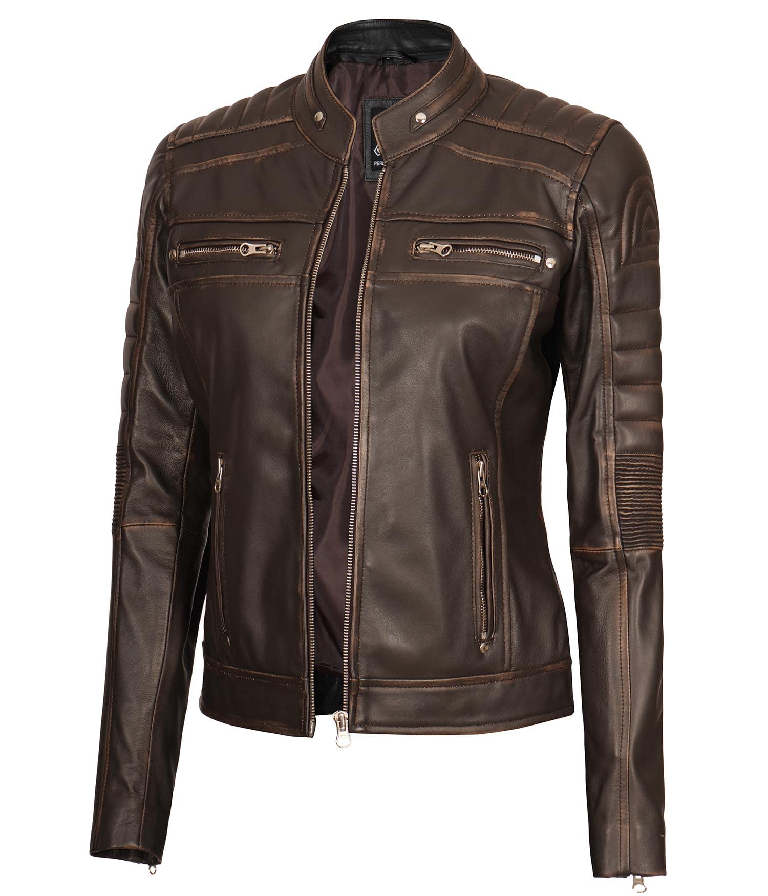Genuine Leather Motorcycle Jacket for Women - Cafe Racer Style with Natural Grain & Stand Collar | Perfect for Biker Riding, Casual Outfits, and Fashion Streetwear