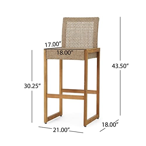 Christopher Knight Home Elon Outdoor Barstools Set of 2 - Wicker & Acacia Wood Bar Height Counter Stools - Light Multi Brown/Teak Color - Perfect for Patio, Deck, Poolside & Outdoor Dining Areas
