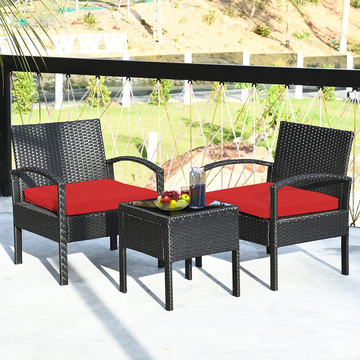 Tangkula 3-Piece Outdoor Patio Conversation Set - Wicker Rattan Sofa with Cushions & Coffee Table - Garden, Balcony, Backyard, Poolside Furniture (Red) - Perfect for Relaxing, Entertaining & Outdoor Lounging