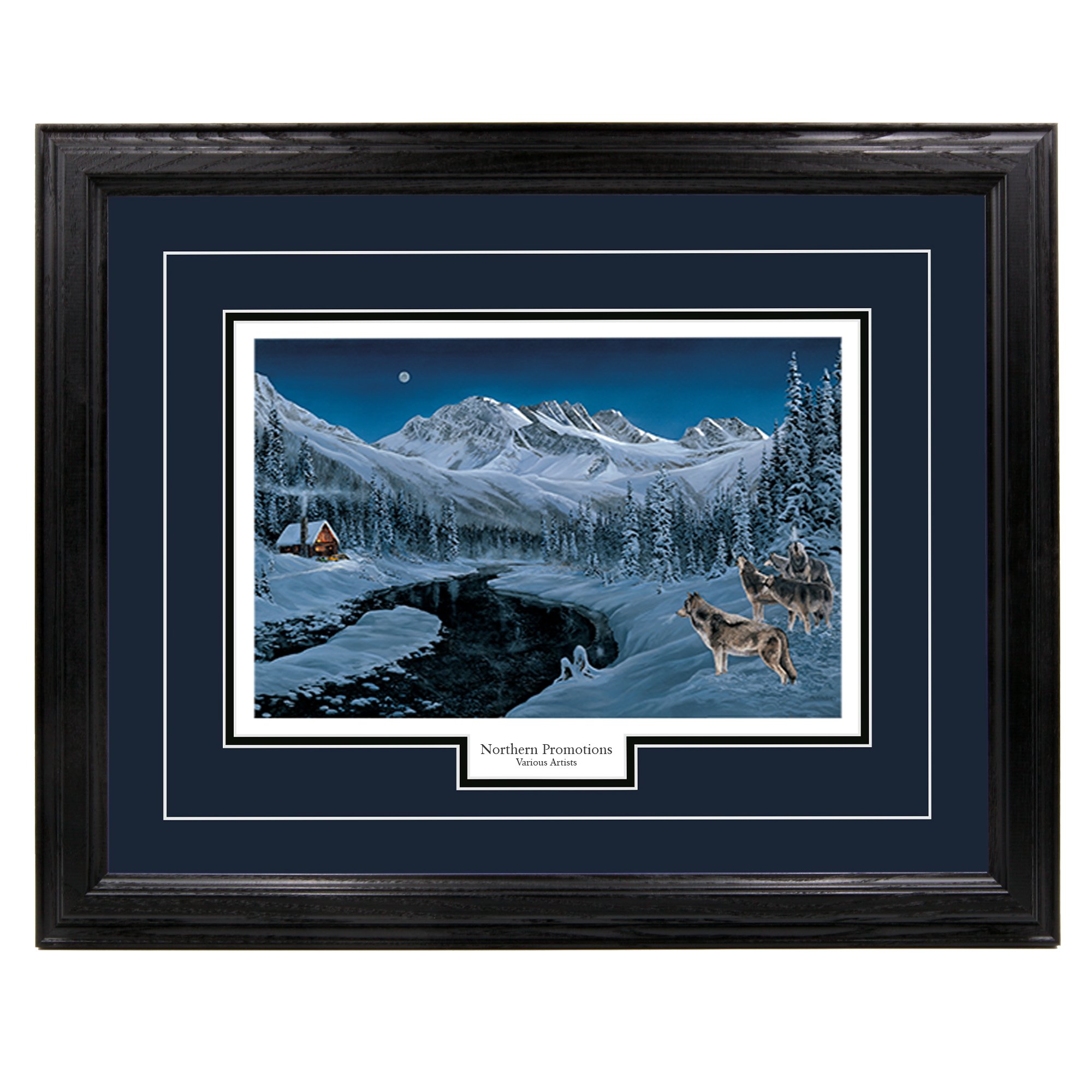 Andrew Kiss Wolves in Winter Nature Wall Art Print - Framed 30x40 Inches with Blue Mat & Black Frame - Perfect for Home, Office, Hotel, Cabin Decor - Unique Gift Idea for Nature Lovers - More Frame Options Available
