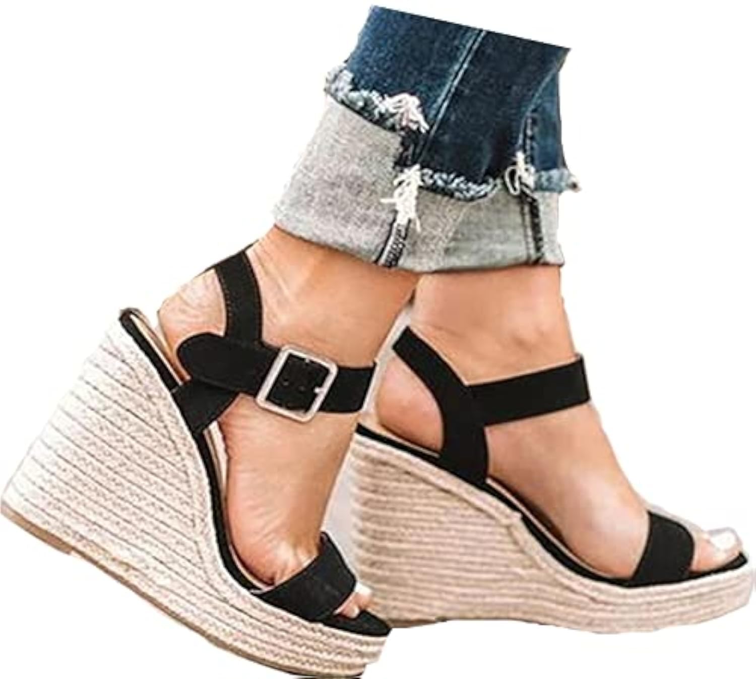 Women's Casual Summer Wedge Sandals with Ankle Strap - Open Toe Straw Woven Platform Sandals for Beach, Vacation & Outdoor Wear