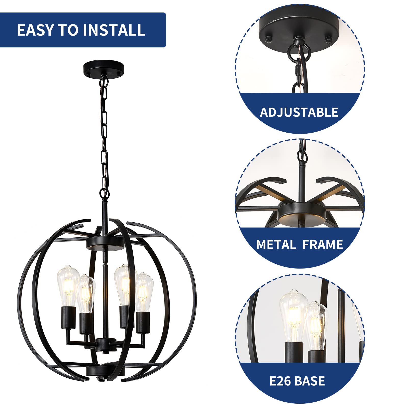 Large Black Farmhouse Chandelier - Adjustable 4-Light Pendant Lighting Fixture for Kitchen, Dining Room, Living Room & Hallway | Rustic Globe Lantern Ceiling Light for Home Decor & Cozy Ambiance