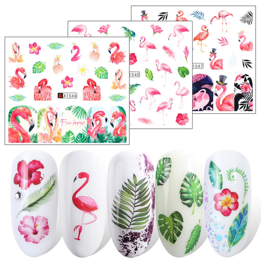 12 Sheet Flamingo Nail Art Stickers - Tropical Flamingo & Green Leaf Design Water Transfer Nail Decals | Summer Nail Decorations | Waterproof Acrylic Nail Stickers for Women DIY Manicure | Perfect for Beach Parties, Vacations & Summer Nail Art