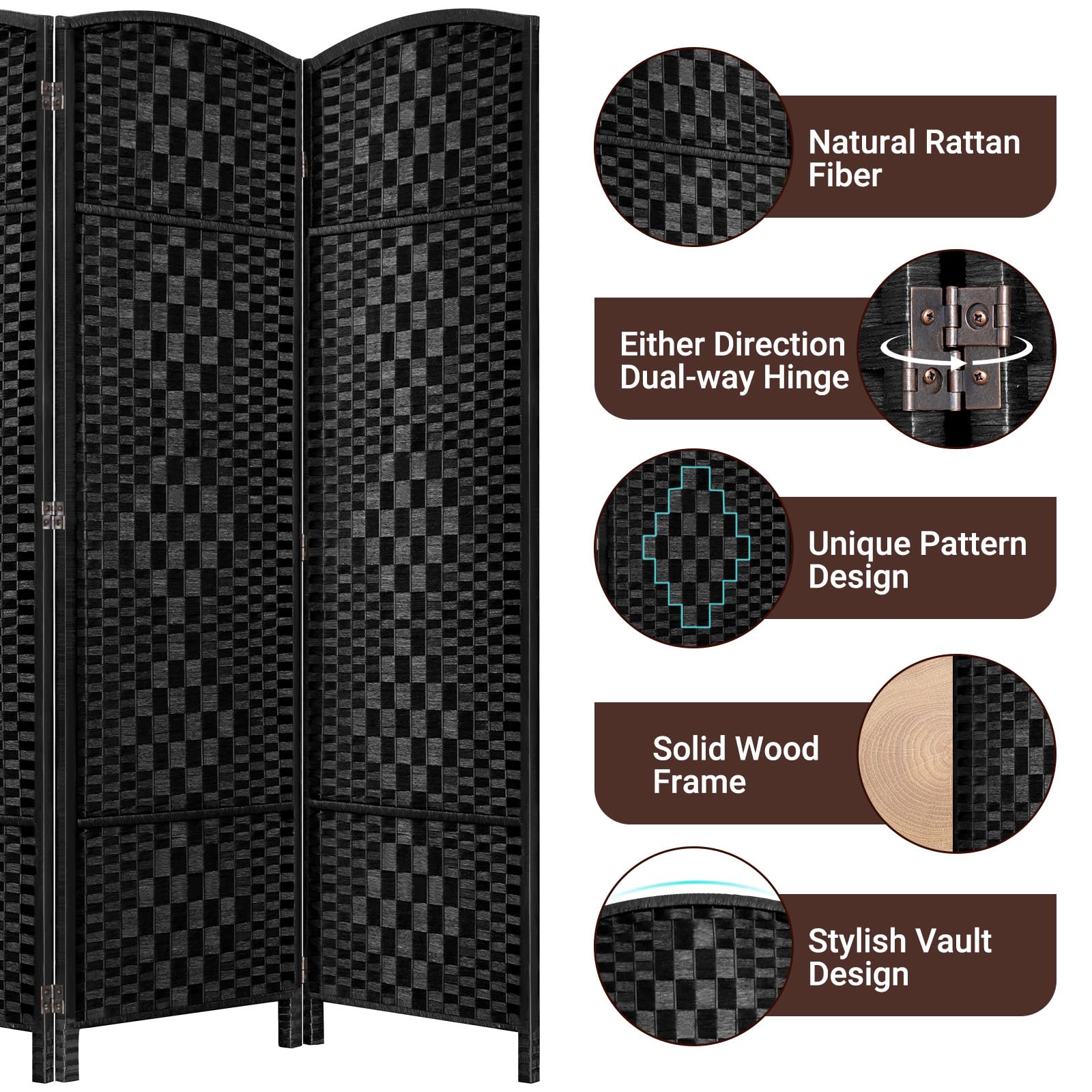 4-Panel Folding Room Divider Privacy Screen - 6ft Tall, 16in Wide Temporary Wall Partition for Home & Office - Black Space Separation Panel for Bedroom, Living Room, or Workspace