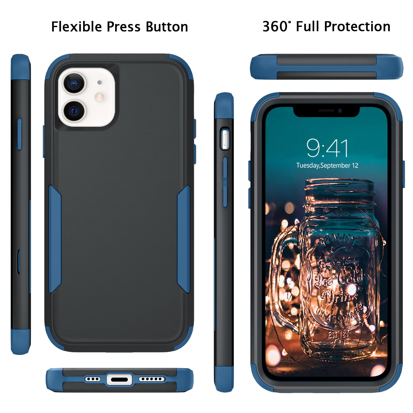 Premium Heavy Duty 3-in-1 Shockproof iPhone 12/12 Pro Case - Rugged Non-Slip Full Body Protection with Hard PC & Soft TPU Bumper (6.1 Inch) | Ideal for Outdoor, Work & Daily Use | Black/Navy Blue