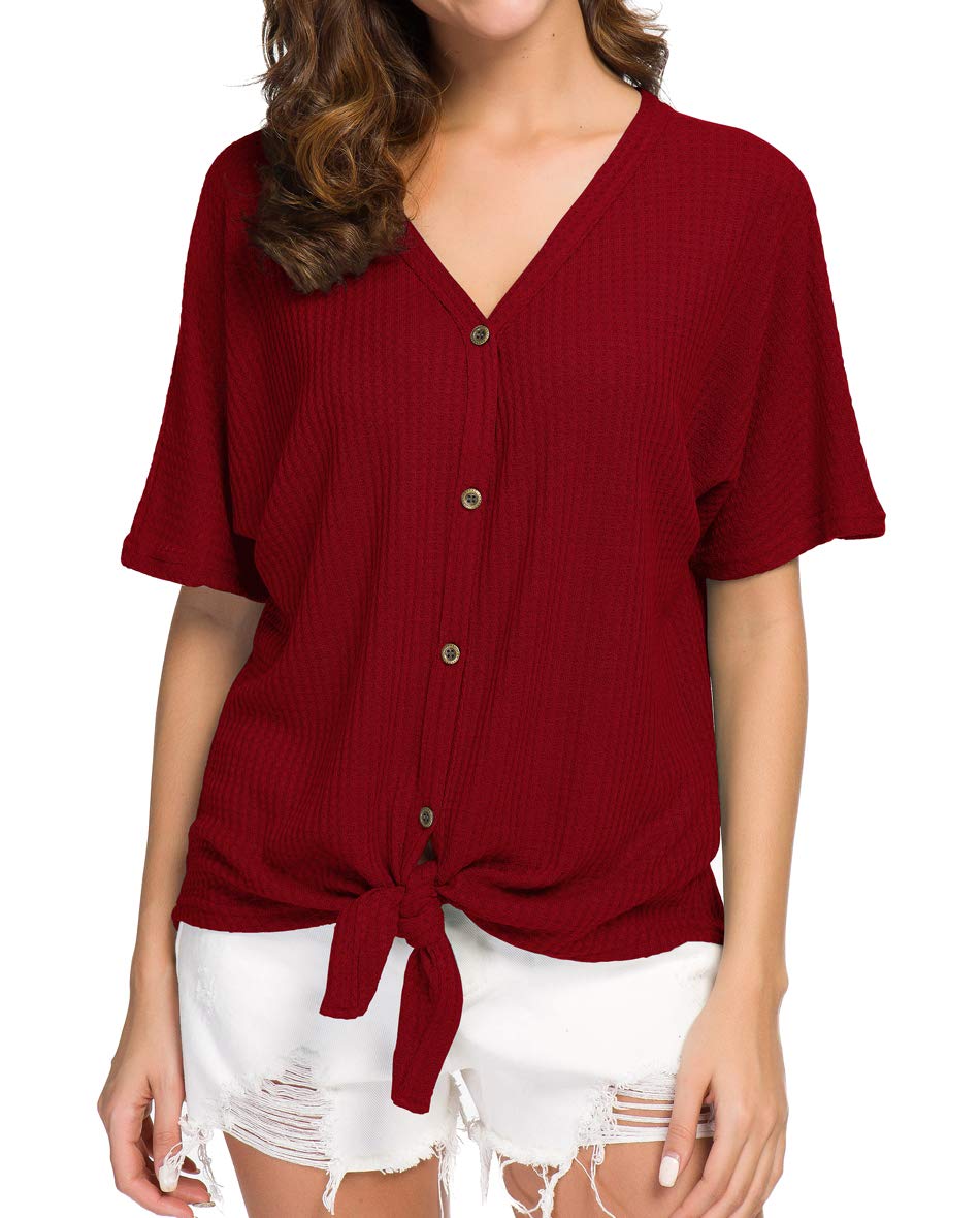 IWOLLENCE Women's Waffle Knit Tunic Blouse - Tie Knot Short Sleeve Henley Top, Loose Fit Batwing Shirt for Casual Wear, Office & Date Night Outfits