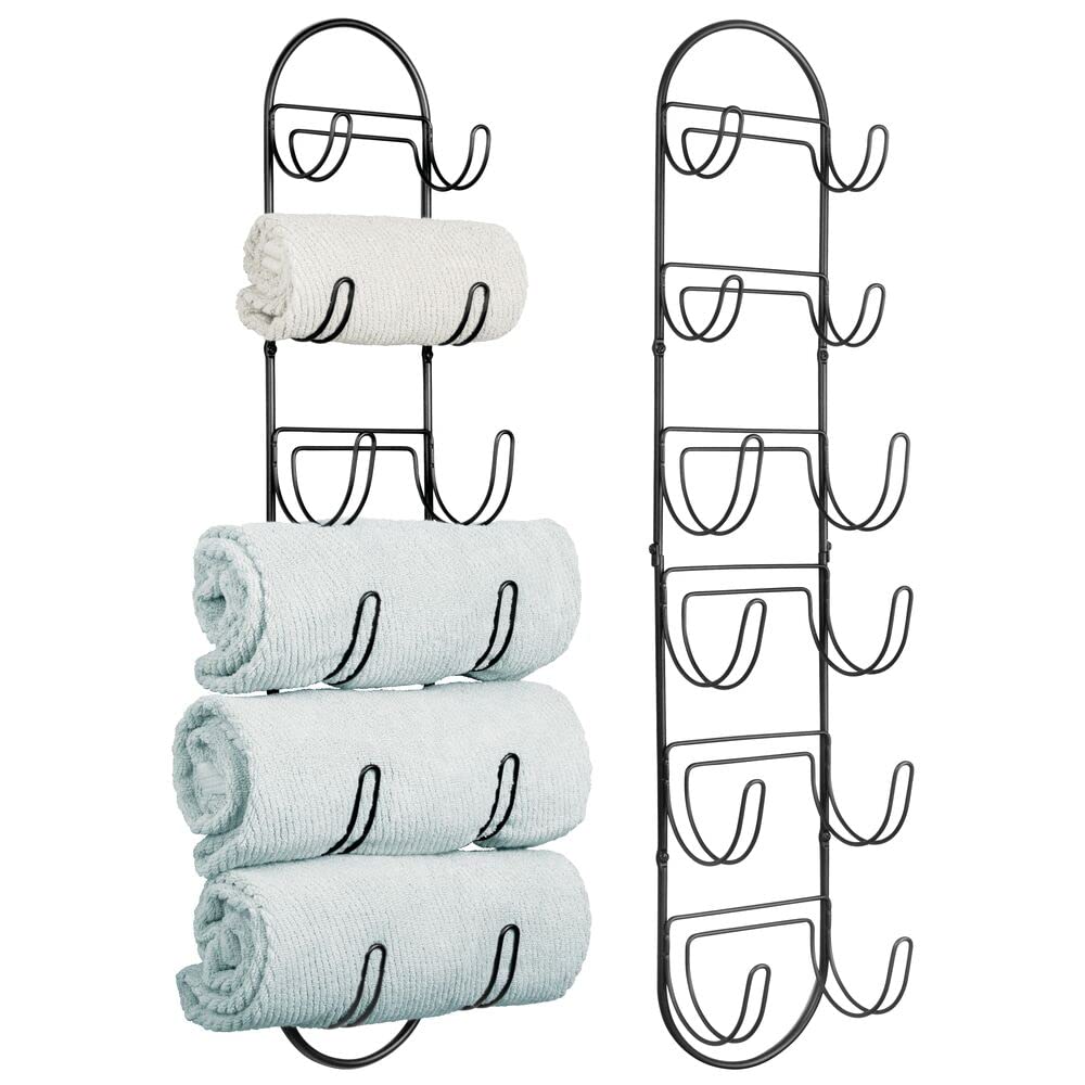 mDesign Steel Wall Mount Towel Rack with 6 Compartments - Space Saving Bathroom Organizer for Towels, Washcloths & Toiletries - Perfect for Small Bathrooms, Powder Rooms & Laundry Areas - Concerto Collection - 2 Pack - Black