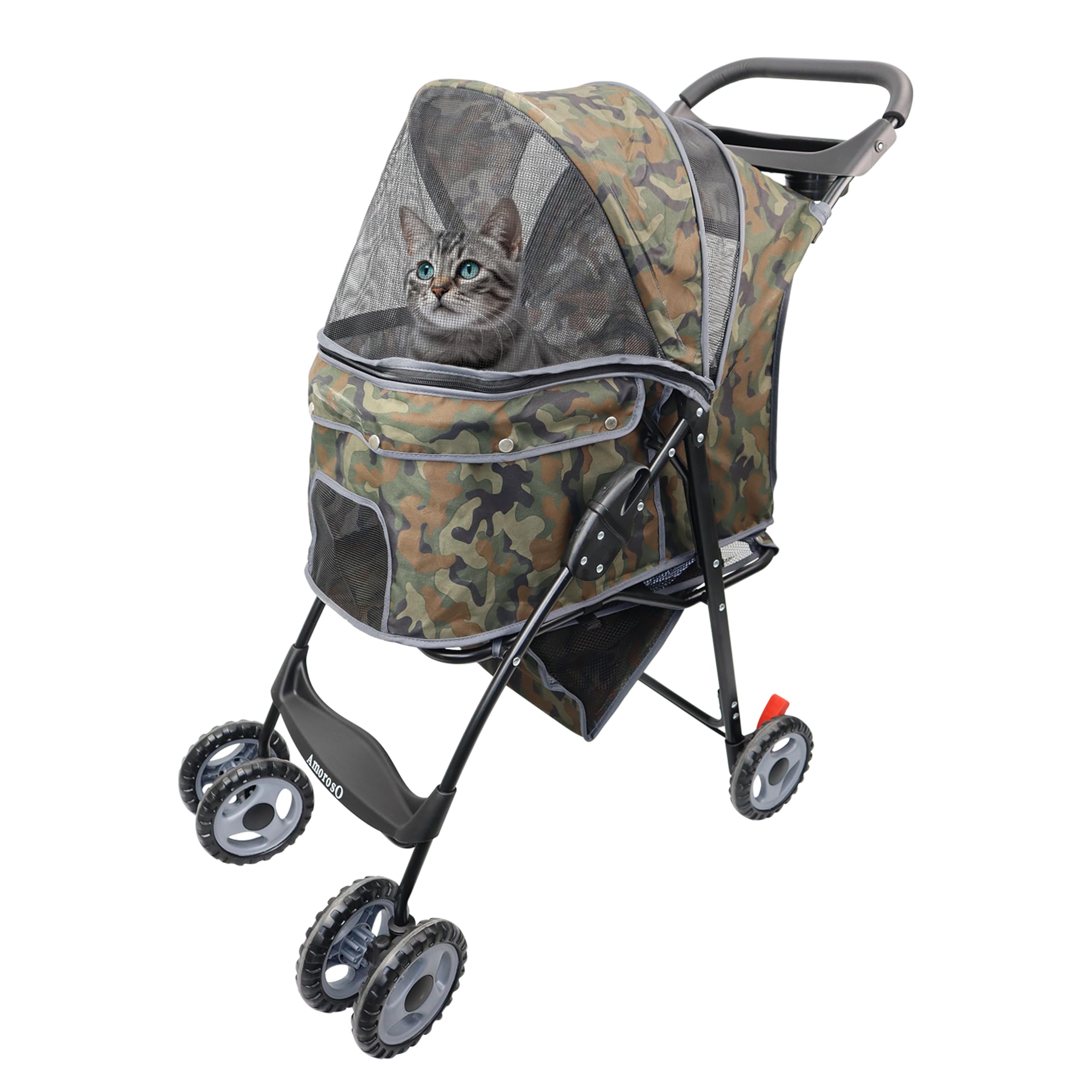 AmorosO 4 Wheel Pet Stroller for Small & Medium Dogs & Cats - Lightweight Foldable Travel Carrier with Waterproof Cover & Storage Basket - Perfect for Jogging, Shopping & Outdoor Adventures