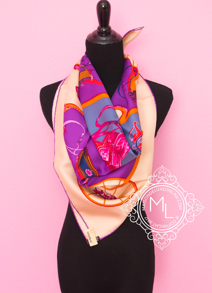 Hermes Beige & Purple Twill Silk Scarf 90cm - Spring Collection | Luxury Fashion Accessory for Women, Gift for Her, Perfect for Office & Special Occasions