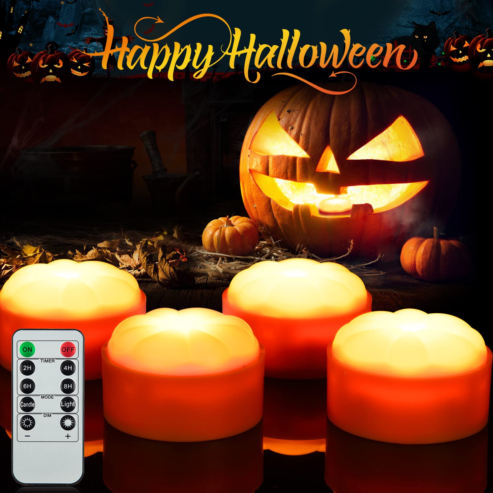 Litake Halloween Pumpkin Lights - 4 Pack LED Jack-O-Lanterns with Flickering Flame Effect, Waterproof Outdoor Decorations with Remote Control & Timer - Perfect for Porch, Yard, and Halloween Party Decor