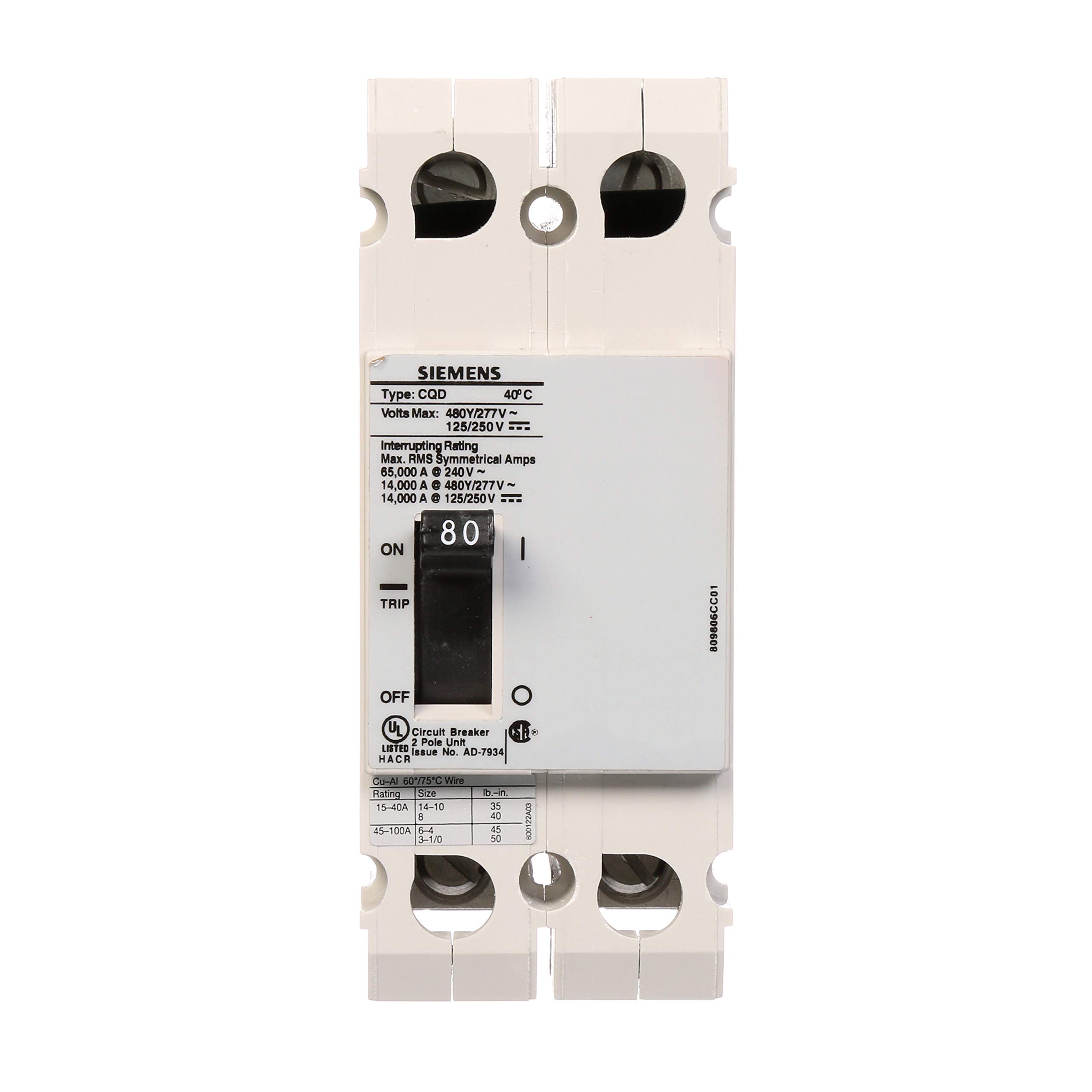 Siemens CQD280 80-Amp Double Pole Circuit Breaker 480/277V AC 125/250V DC 14KAIC - Cable In/Out for Industrial & Commercial Electrical Panels - Perfect for Factories, Warehouses & Power Distribution Systems