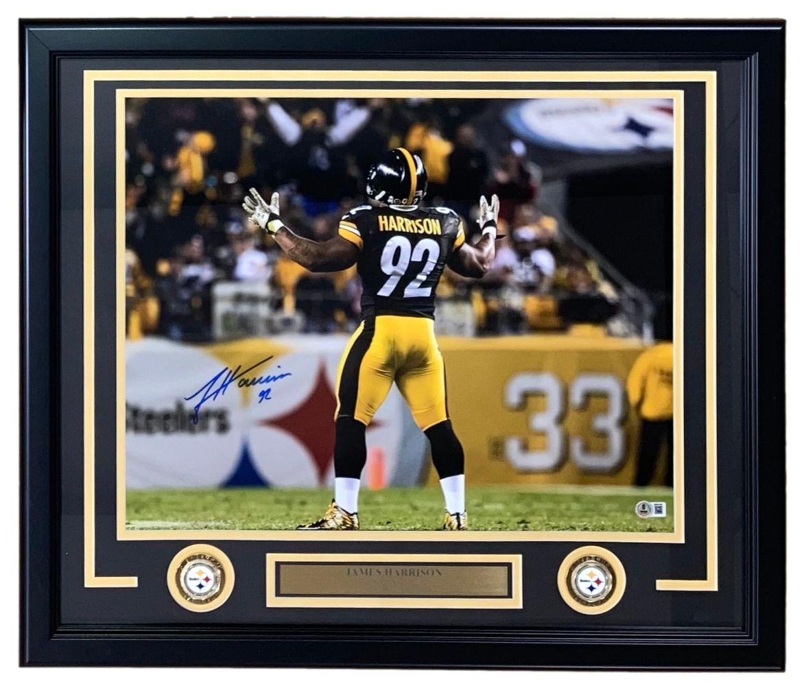Authentic James Harrison Signed Framed 16x20 Pittsburgh Steelers Football Photo with BAS ITP COA - Perfect for Sports Memorabilia Collectors and Steelers Fans Home/Office Decor